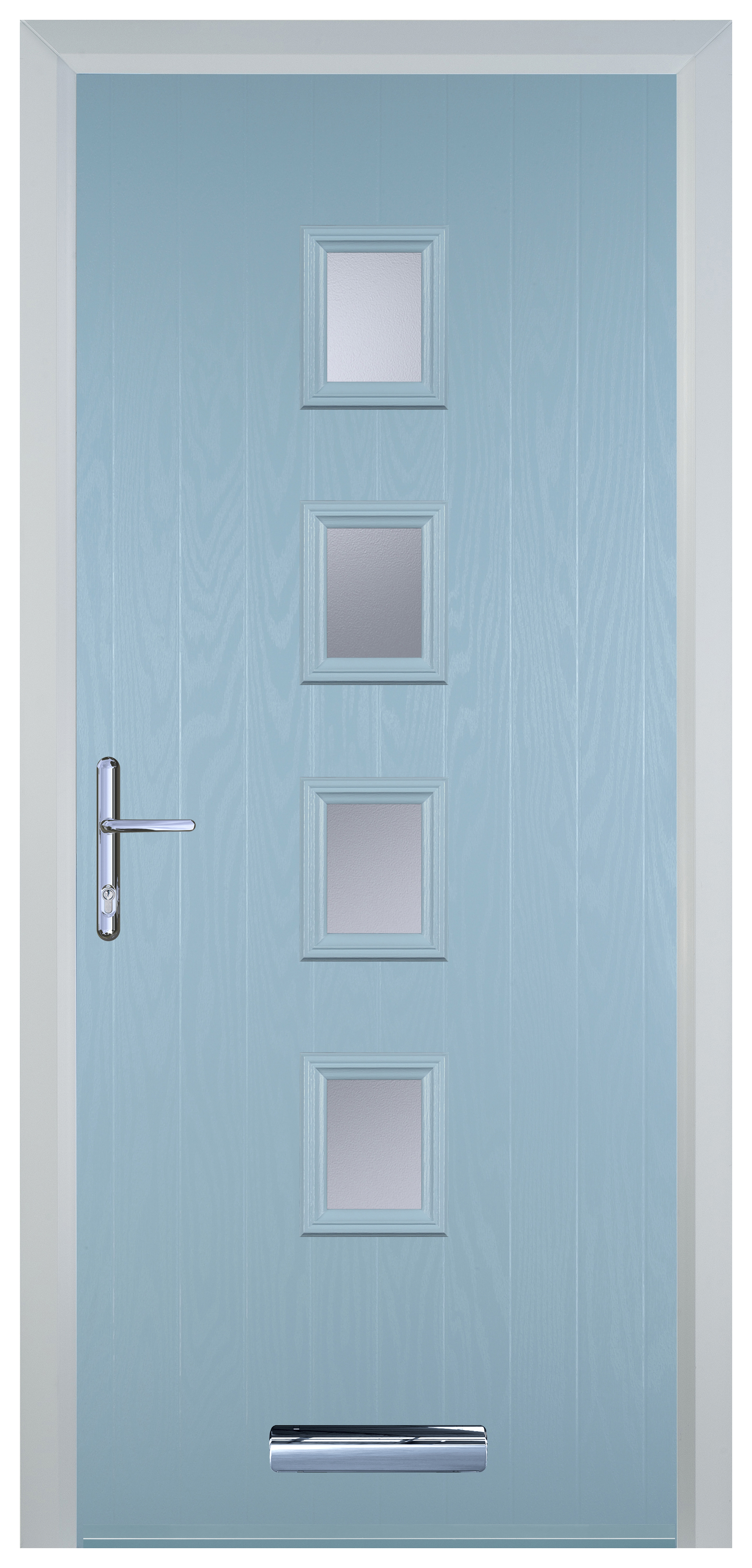 Door-Stop 4 Square Duck Egg Blue Right Hand Composite Door with Stippolyte Glass - 2100mm