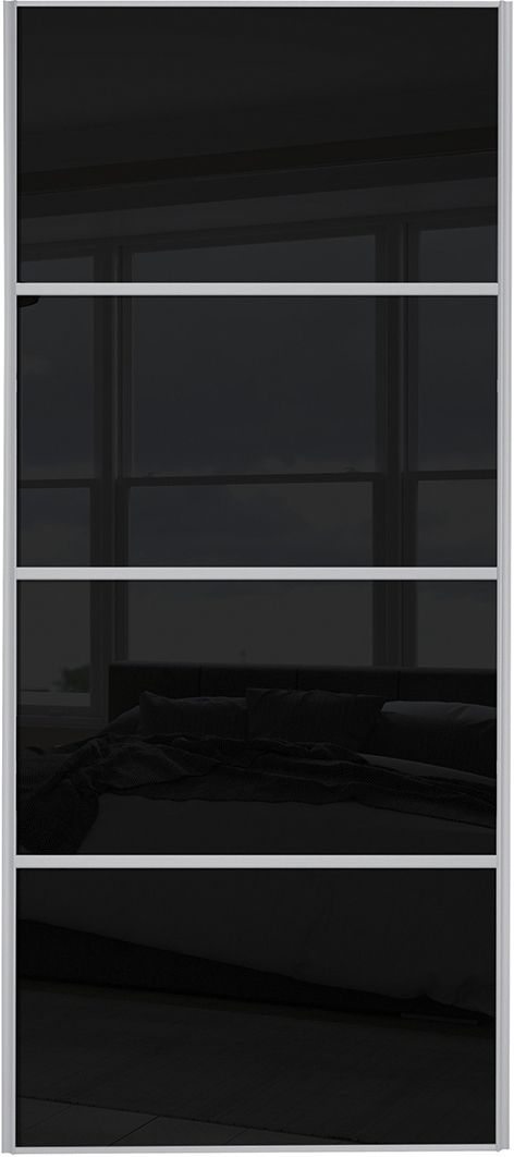 Spacepro Sliding Wardrobe Door Silver Framed Four Panel Black Glass