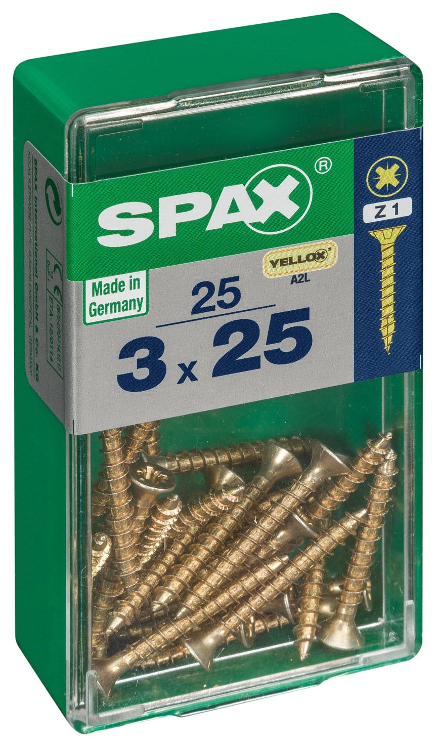 Spax Pz Countersunk Zinc Yellow Screws - 3 X 25mm Pack Of 25