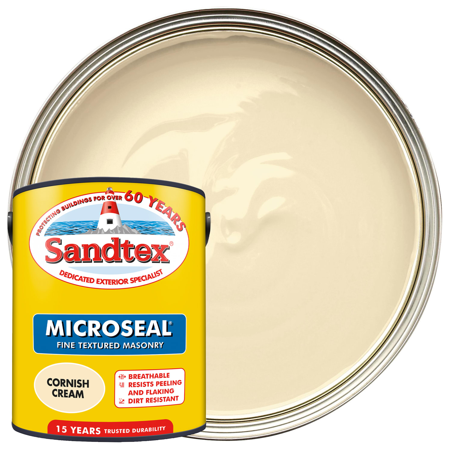 Sandtex Microseal Fine Textured Weatherproof Masonry 15 Year Exterior Wall  Paint - Cornish Cream - 5L | Wickes.co.uk