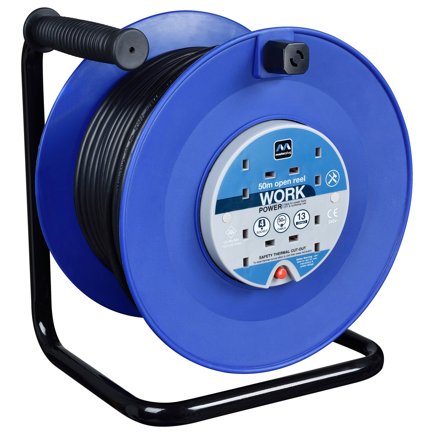 Masterplug 13A 4 Socket Blue Thermal Cut Out Open Cable Reel 50m