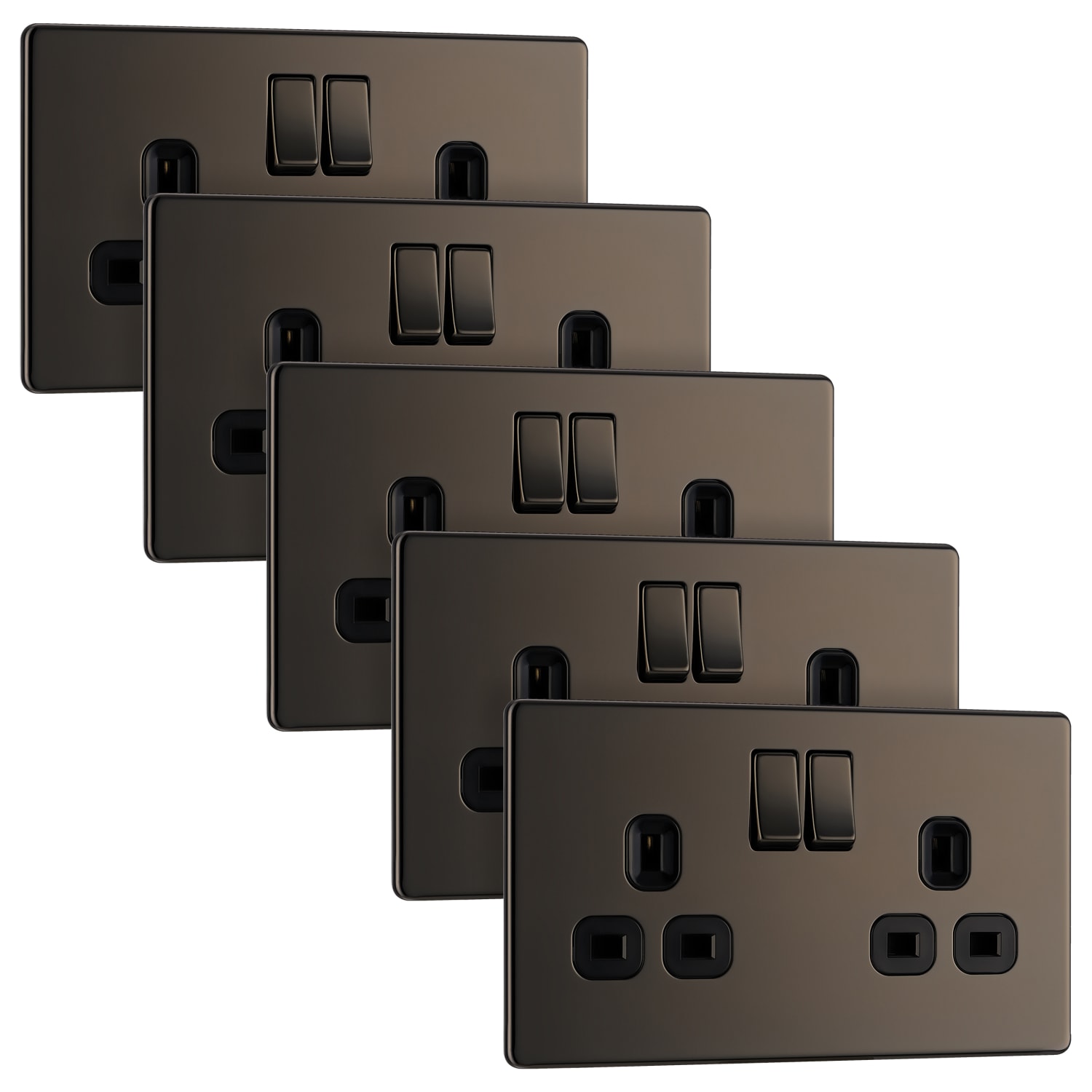 BG 13A Screwless Flat Plate Double Switched Power Socket Double Pole 5 Pack Black Nickel