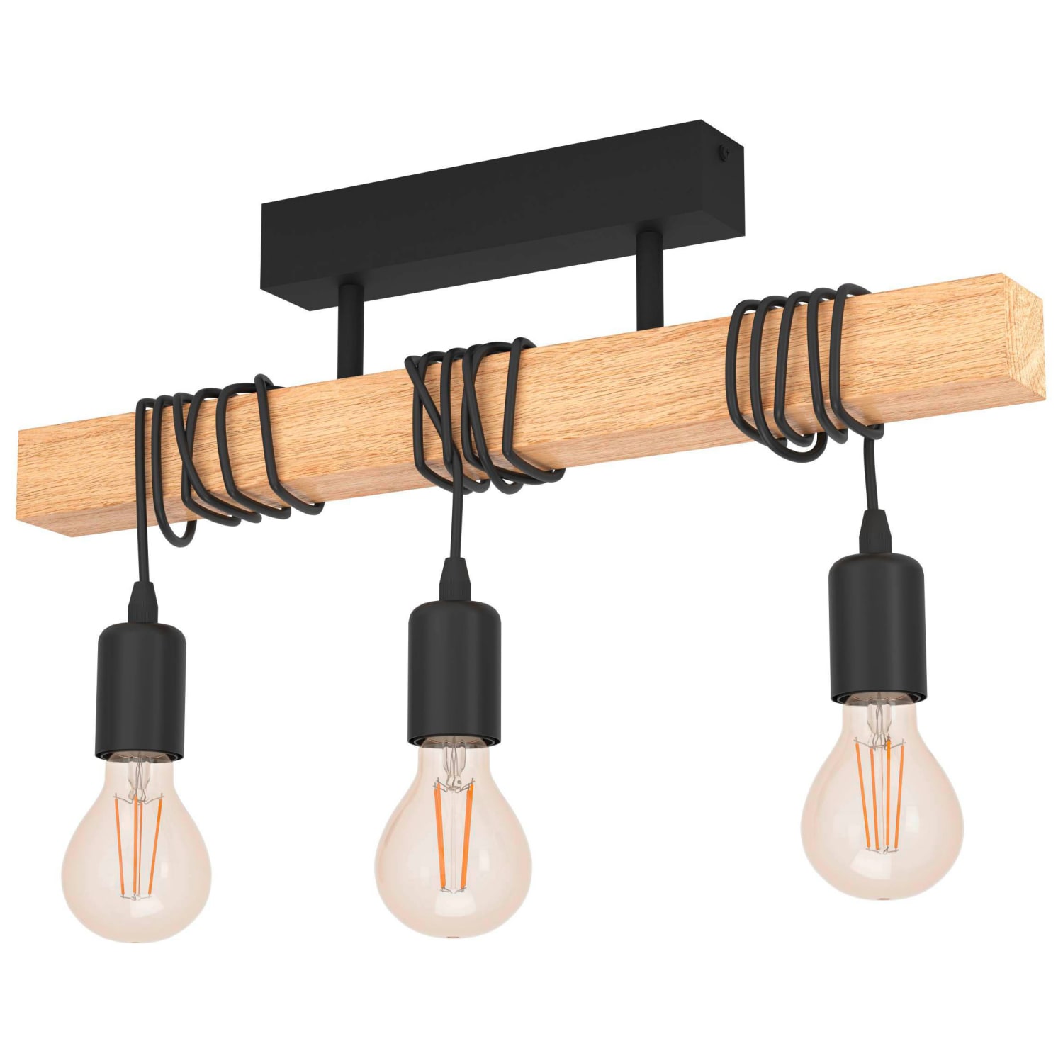Eglo Townshend Black Natural Wood 3 Light Ceiling Light Wickes