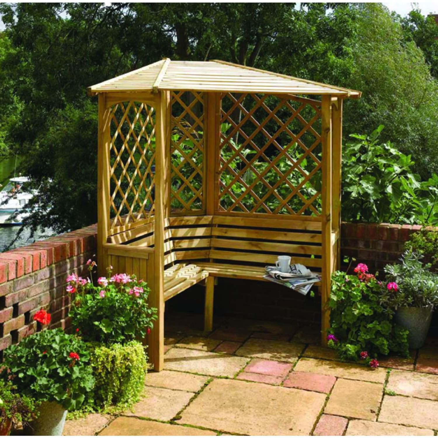 Corner garden arbour seat store