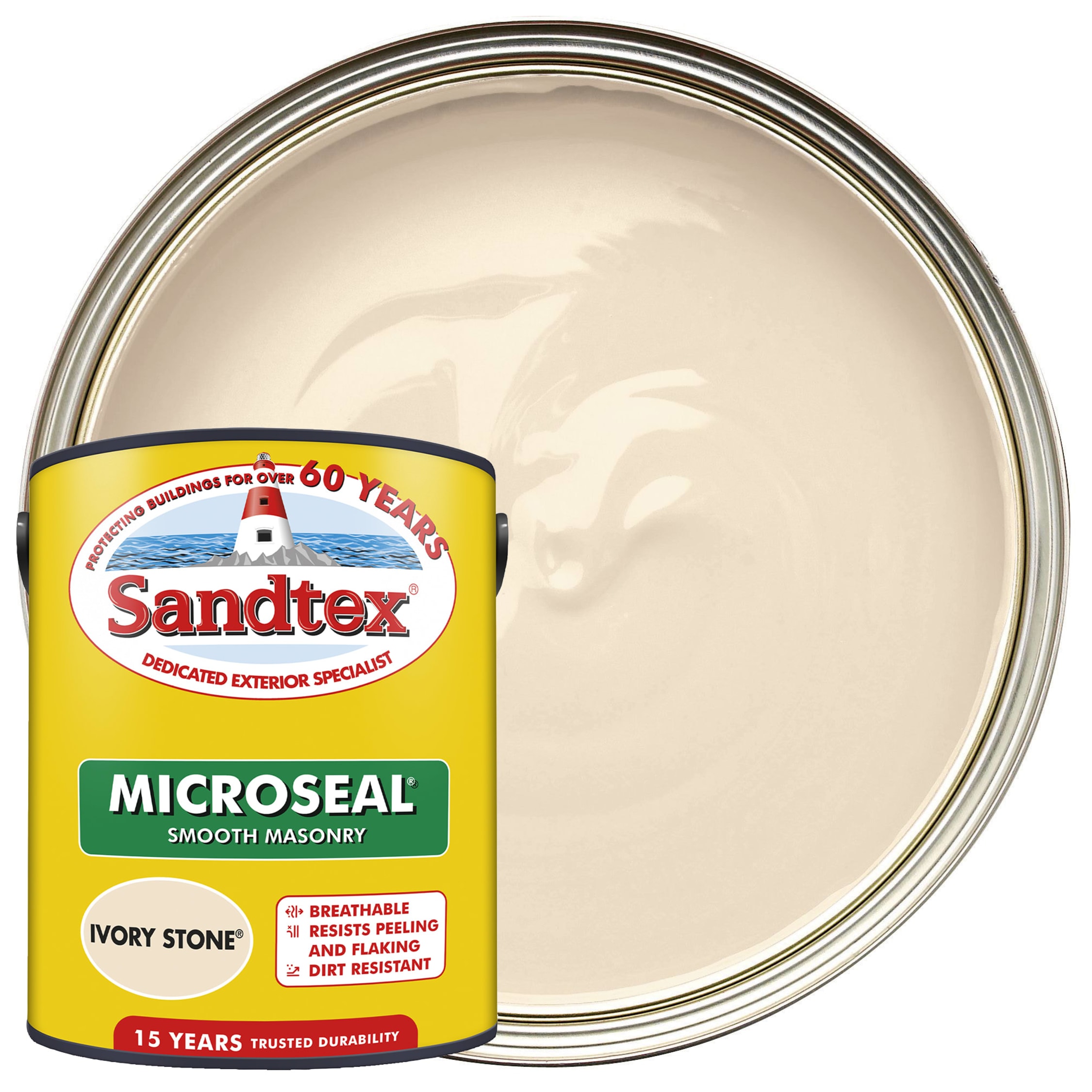 Sandtex Microseal Ultra Smooth Weatherproof Masonry 15 Year Exterior Wall Paint Ivory Stone 5l Wickes Co Uk