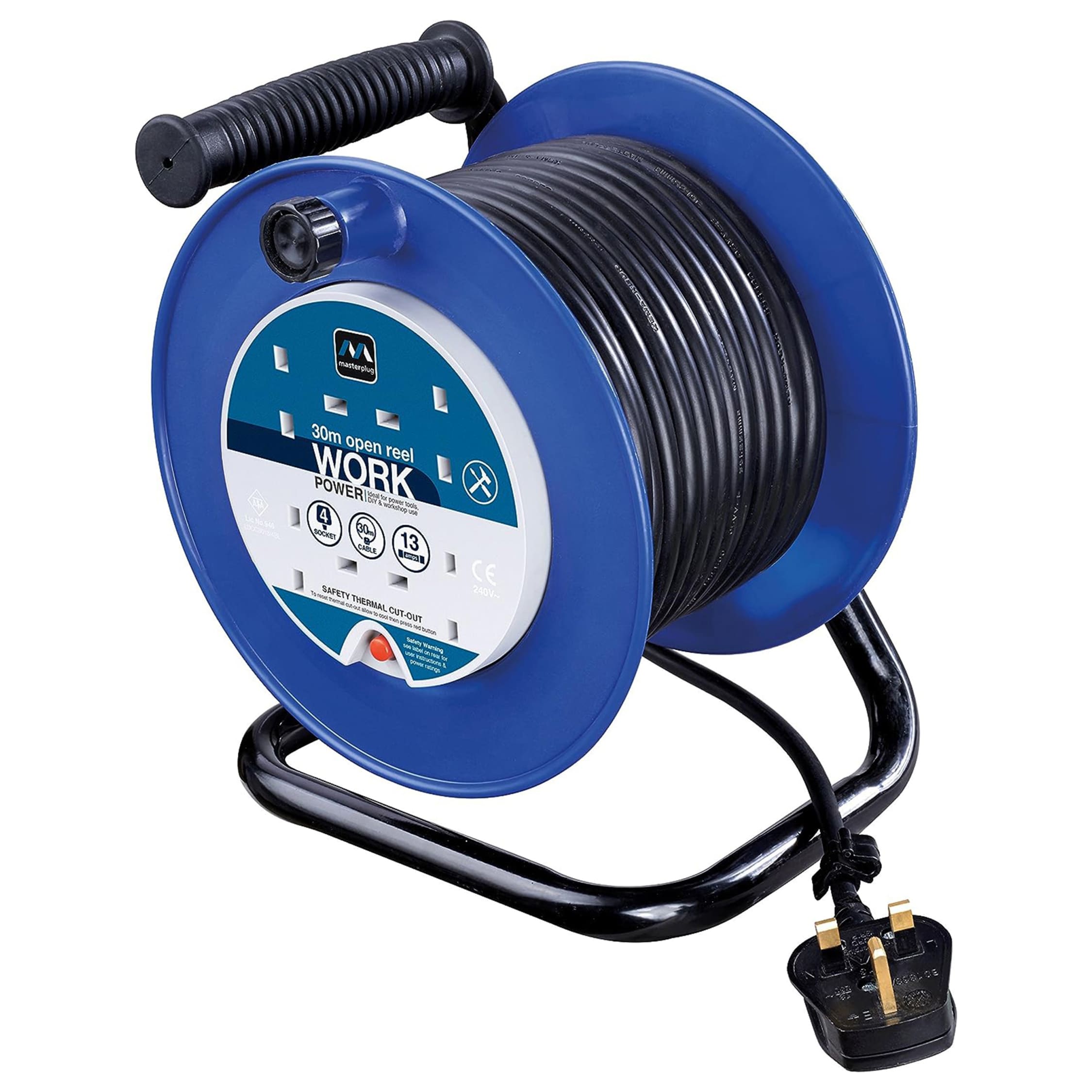 Extension Lead 30m Heavy Duty Cable Reel 4 Socket Cord Reel UK Plug