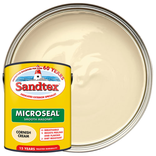 Sandtex Microseal Ultra Smooth Weatherproof Masonry 15 Year Exterior Wall Paint Cornish Cream 5L Wickes