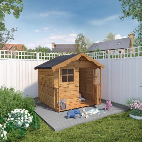Wooden playhouse with assembly outlet