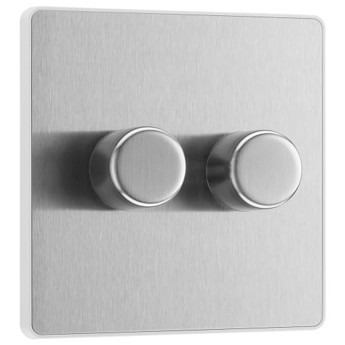 BG Evolve Brushed Steel 2 Way Trailing Edge Led Push On Off Double Dimmer Switch 200W