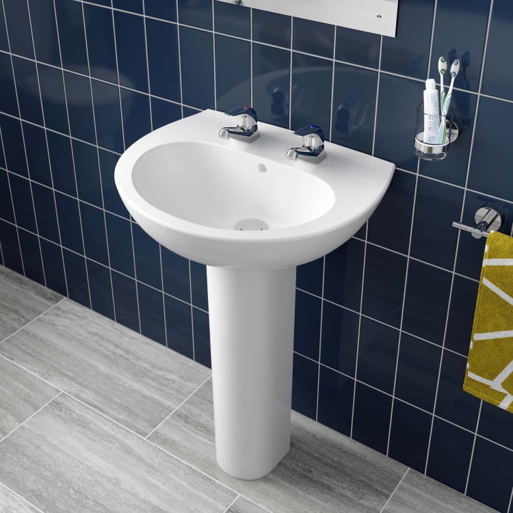 Wickes Portland 2 Tap Hole Ceramic Bathroom Basin With Full Pedestal 550mm Co Uk - How To Drill Hole In Bathroom Sink