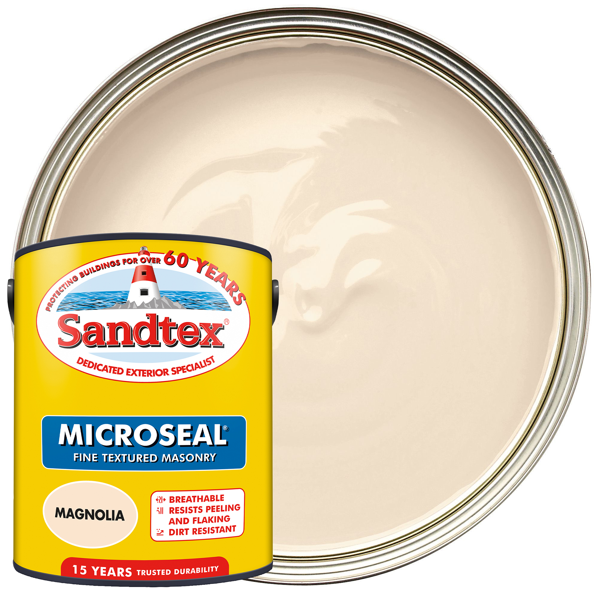 Sandtex Microseal Fine Textured Weatherproof Masonry 15 Year Exterior Wall Paint - Magnolia - 5L