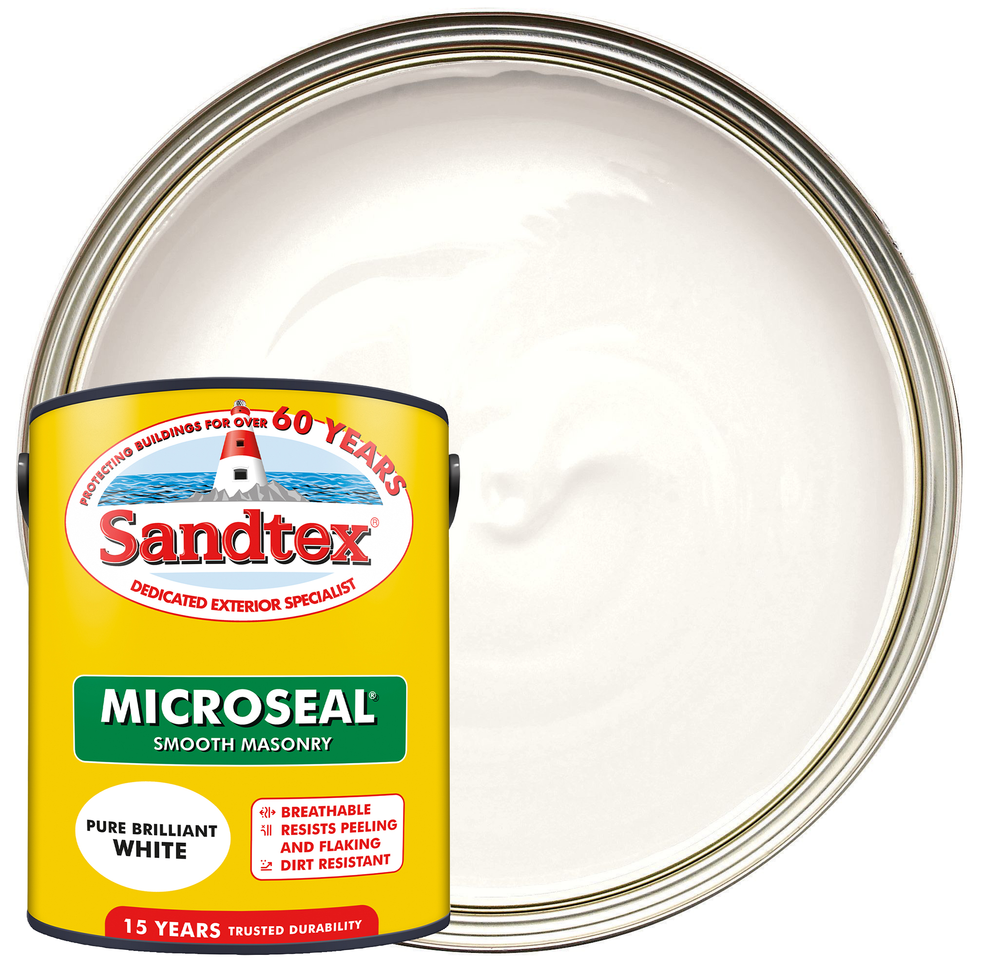 Image of Sandtex Microseal Ultra Smooth Weatherproof Masonry 15 Year Exterior Wall Paint - Pure Brilliant White - 5L