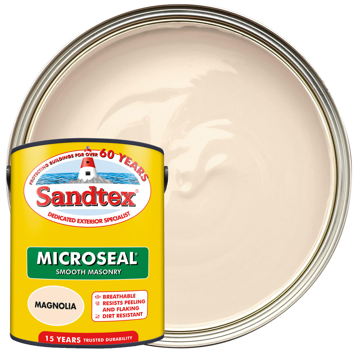 Image of Sandtex Microseal Ultra Smooth Weatherproof Masonry 15 Year Exterior Wall Paint - Magnolia - 5L