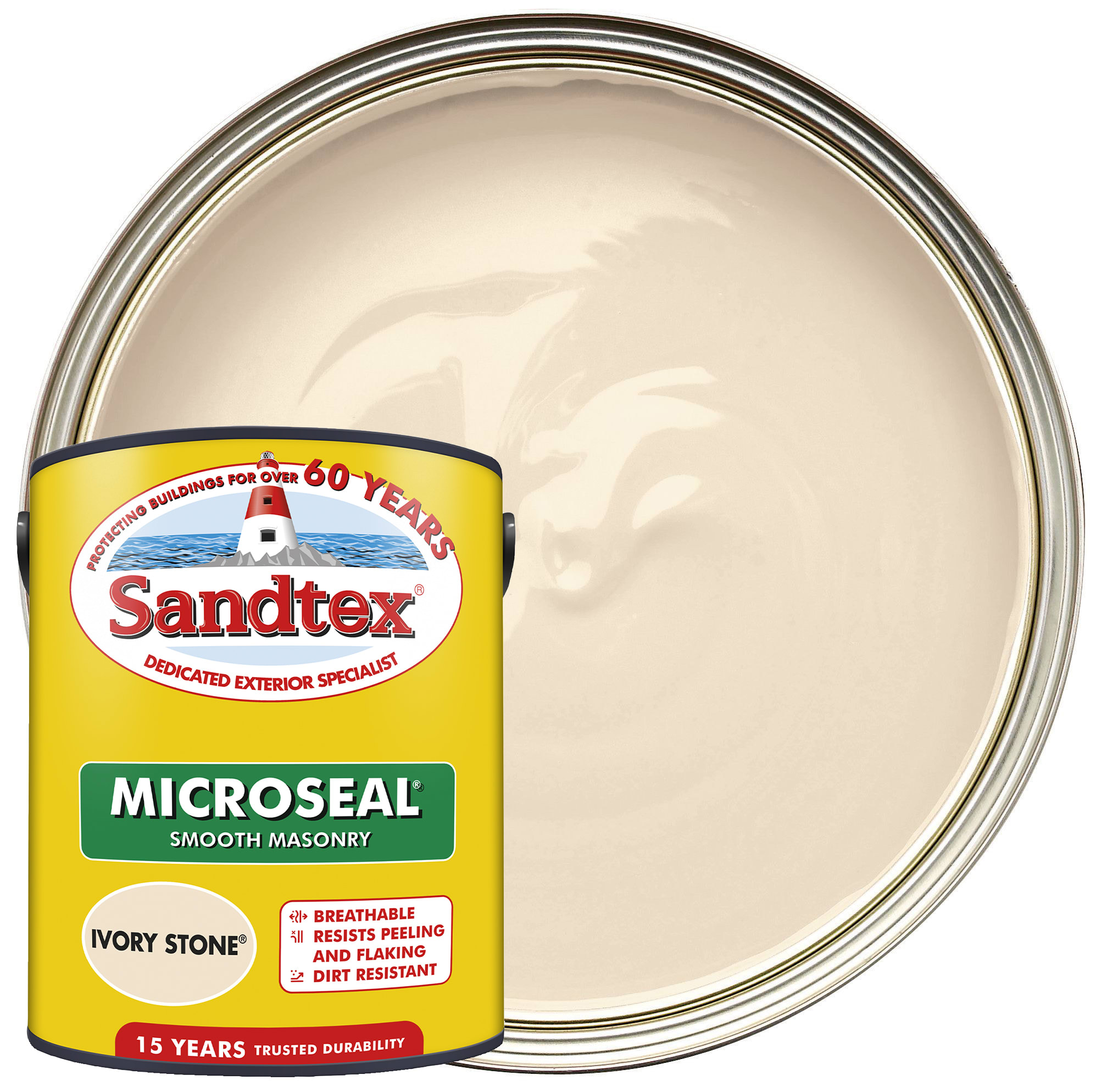 Image of Sandtex Microseal Ultra Smooth Weatherproof Masonry 15 Year Exterior Wall Paint - Ivory Stone - 5L