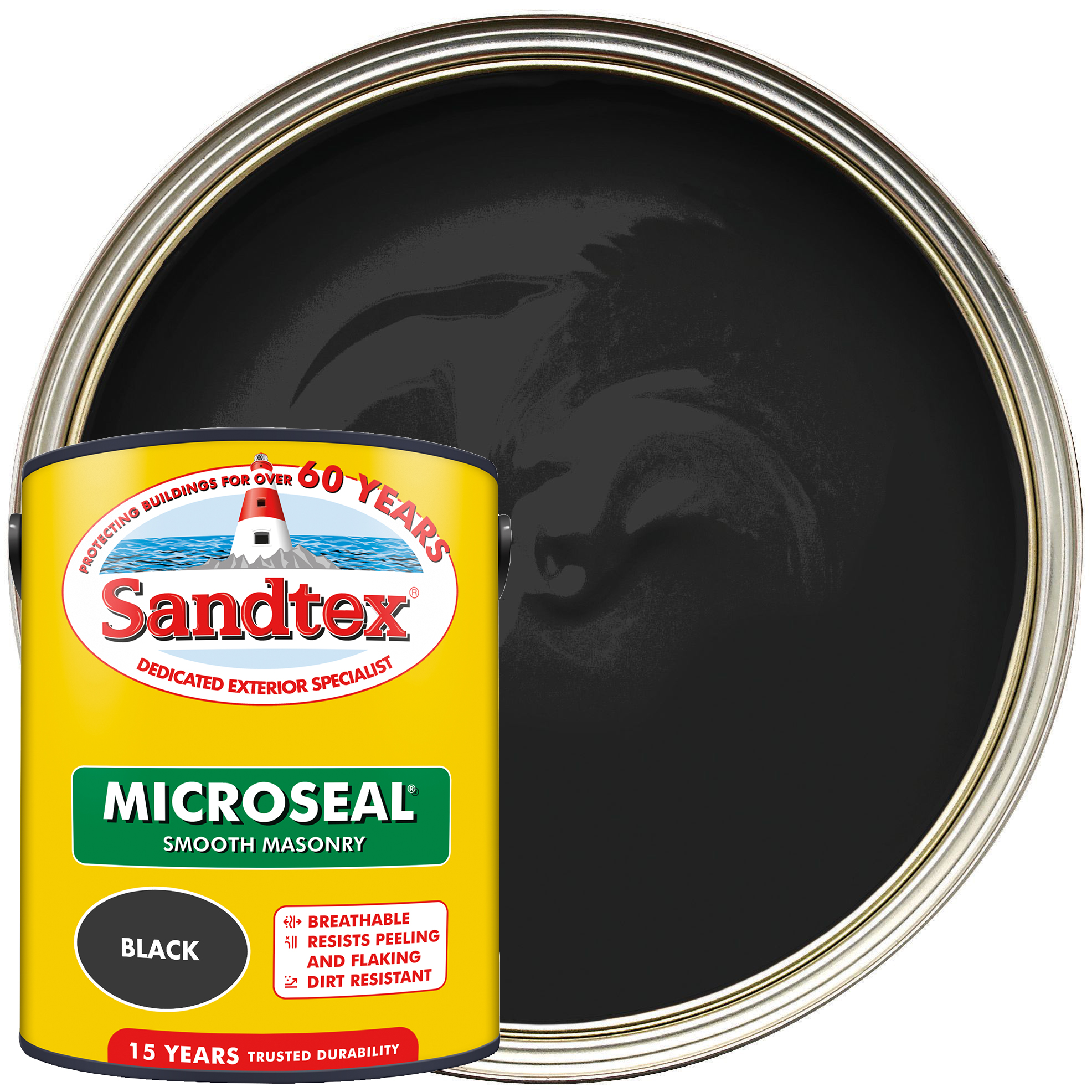 Image of Sandtex Microseal Ultra Smooth Weatherproof Masonry 15 Year Exterior Wall Paint - Black - 5L