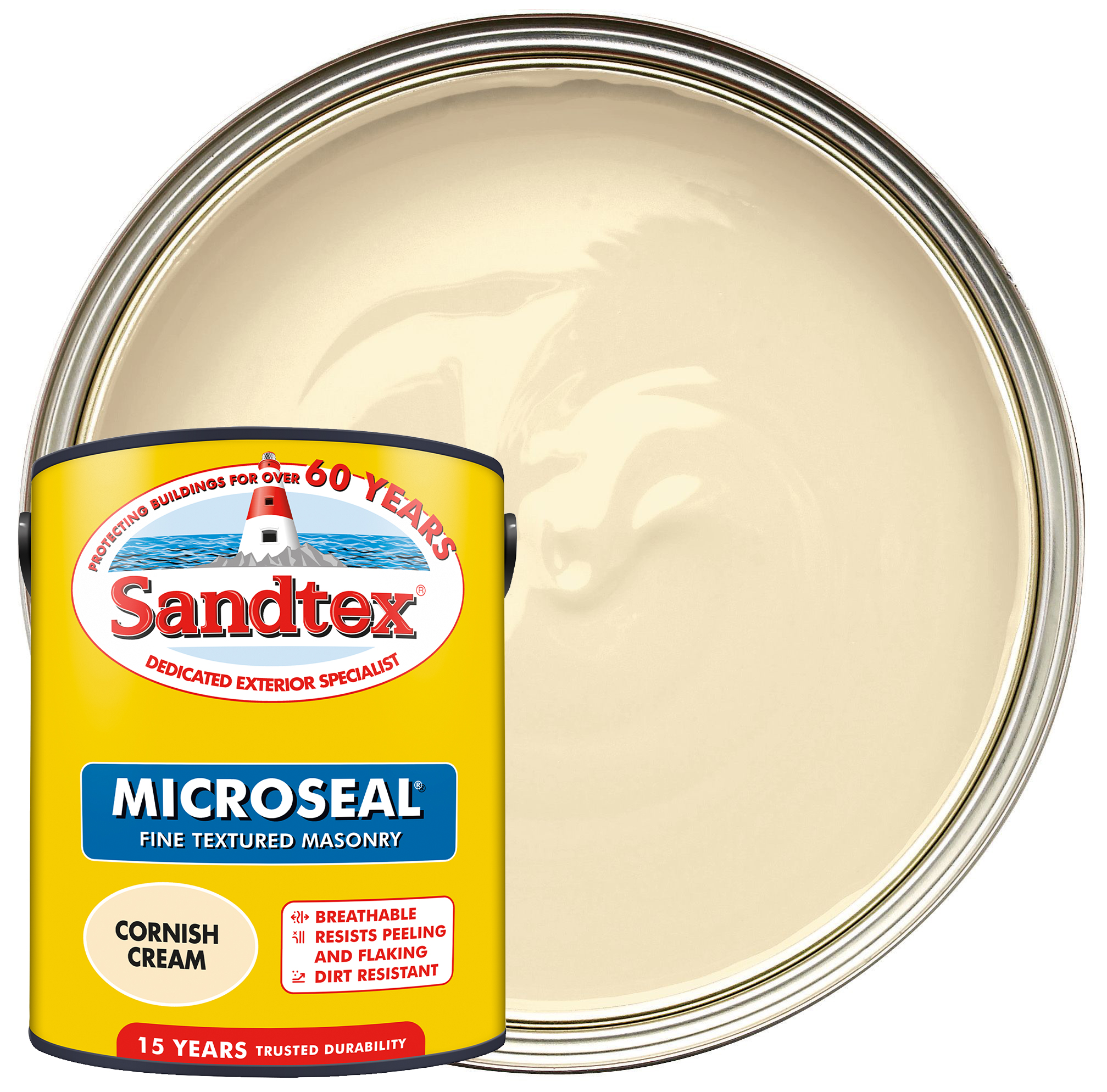 Sandtex Microseal Fine Textured Weatherproof Masonry 15 Year Exterior Wall Paint - Cornish Cream - 5L
