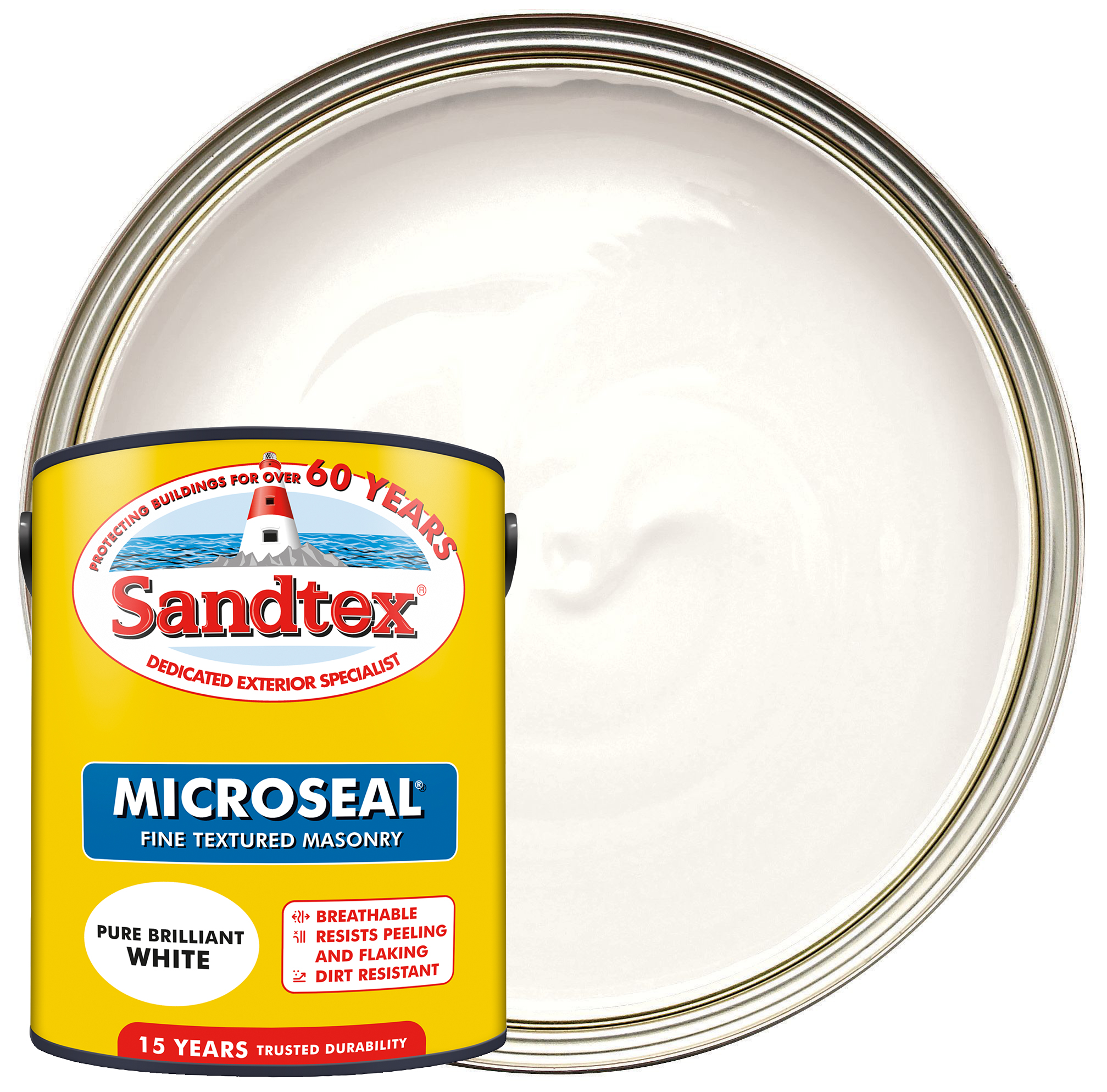 Image of Sandtex Microseal Fine Textured Weatherproof Masonry 15 Year Exterior Wall Paint - Pure Brilliant White - 5L