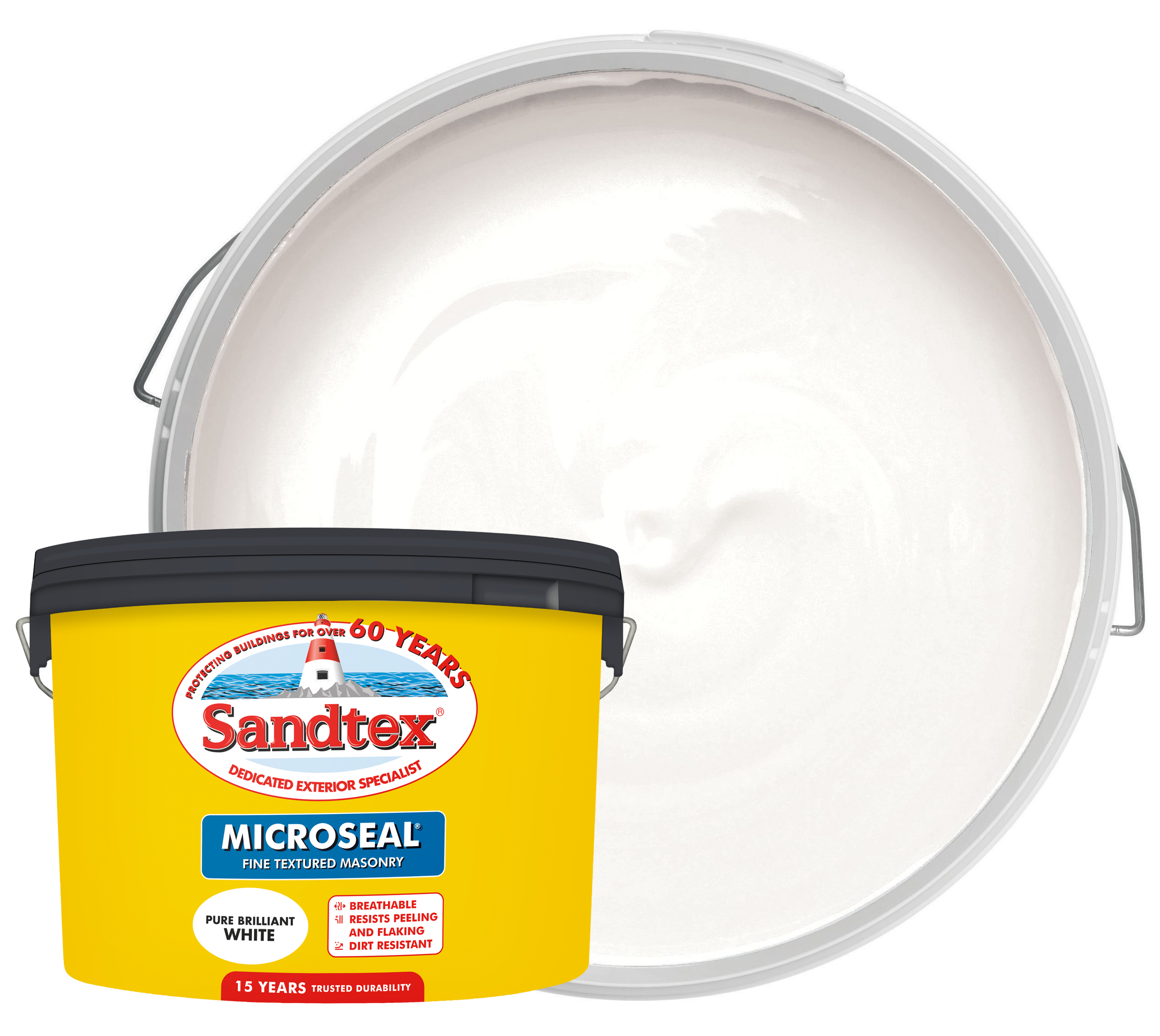 Sandtex Microseal Fine Textured Weatherproof Masonry 15 Year Exterior Wall Paint - Pure Brilliant White - 10L