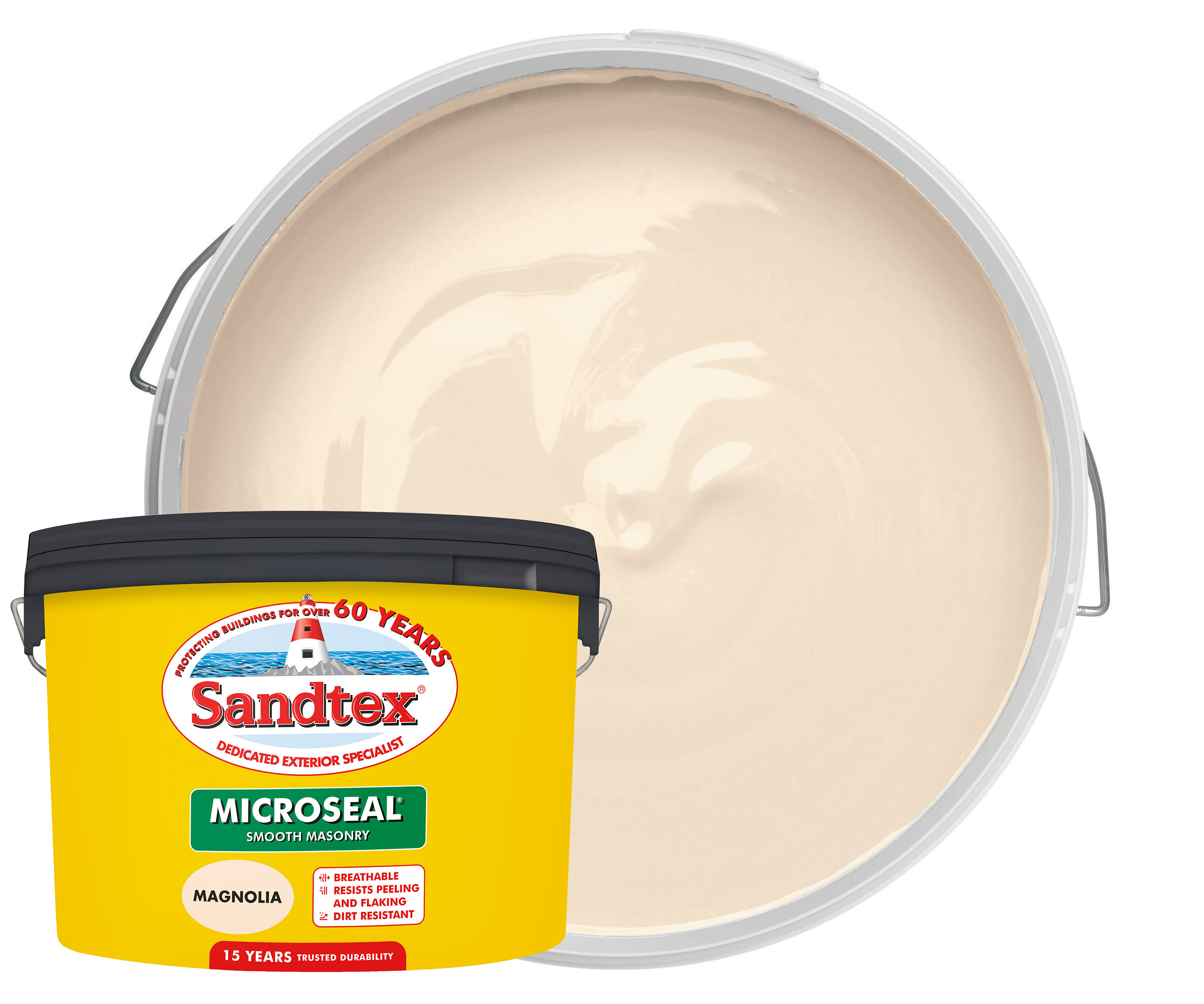 Sandtex Microseal Ultra Smooth Weatherproof Masonry 15 Year Exterior Wall Paint - Magnolia - 10L 