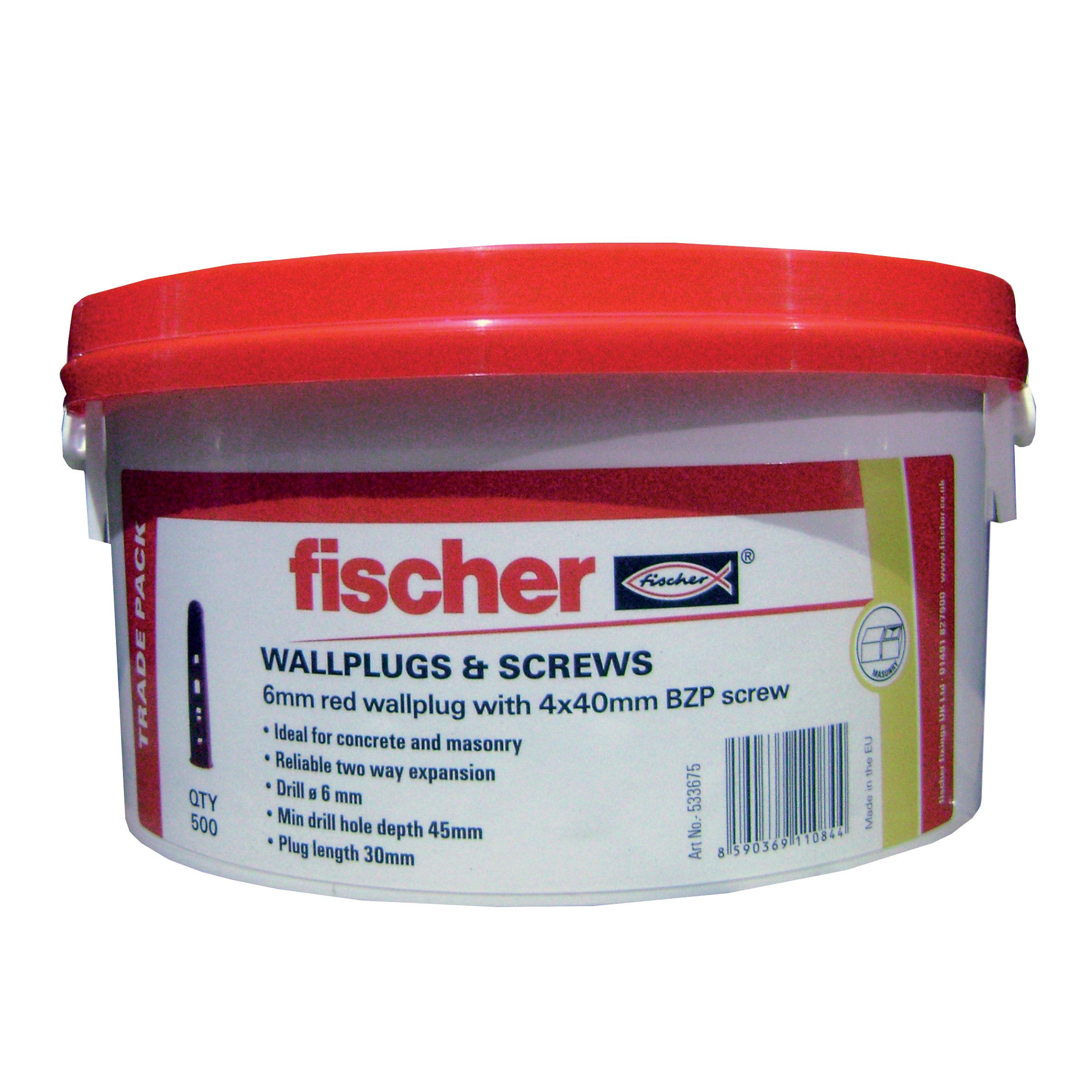 Image of Fischer Wall Plugs Red 6mm W/ Screws Tub 500 Pack