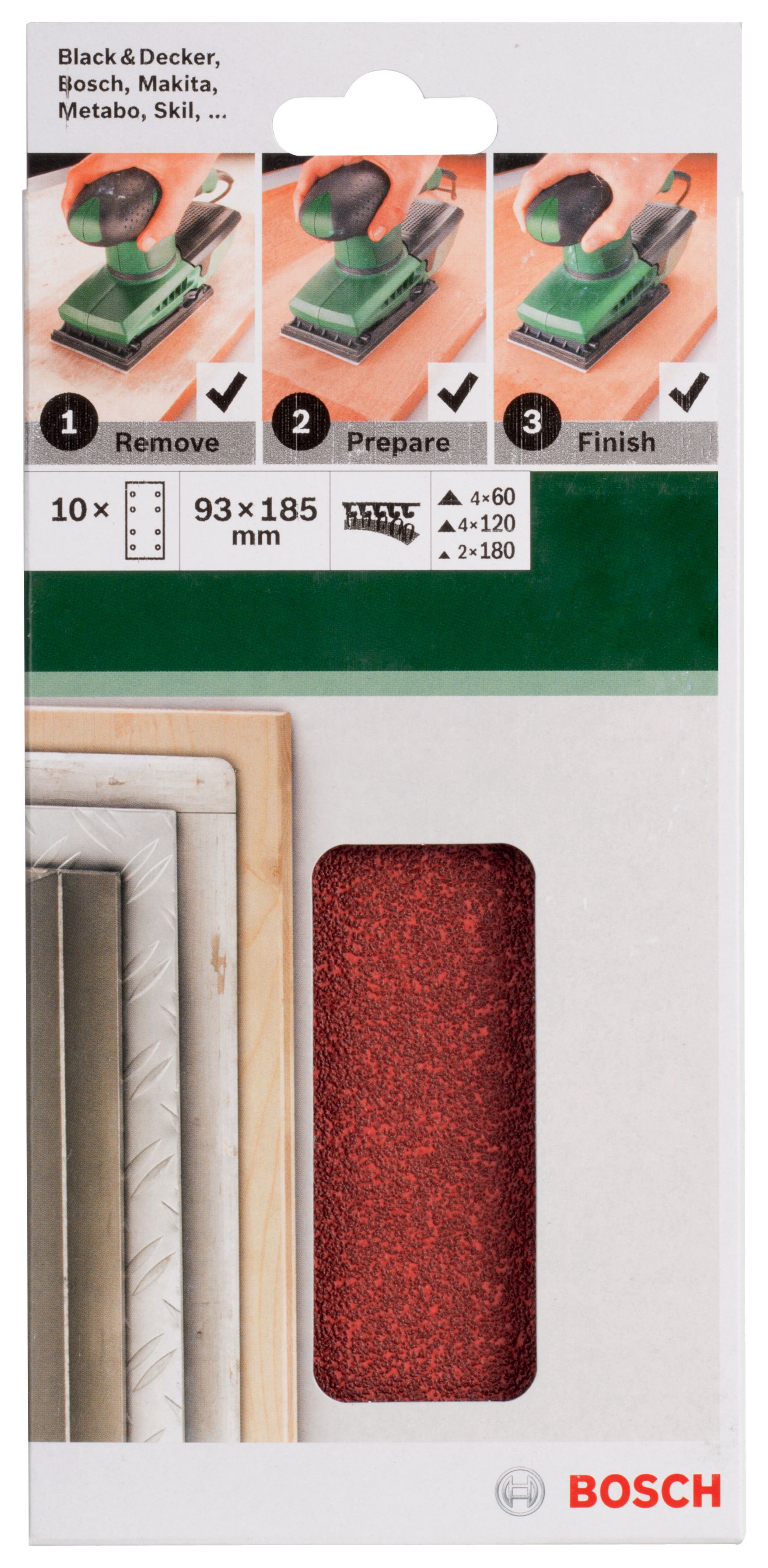 Image of Bosch 2609256A86 Multi-Surface Mixed Grit Orbital Sander Sanding Sheets - Pack of 10