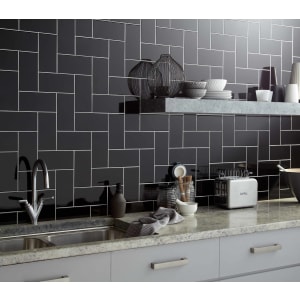 Wickes Cosmopolitan Flat Metro Black Ceramic Wall Tile - 200 x 100mm