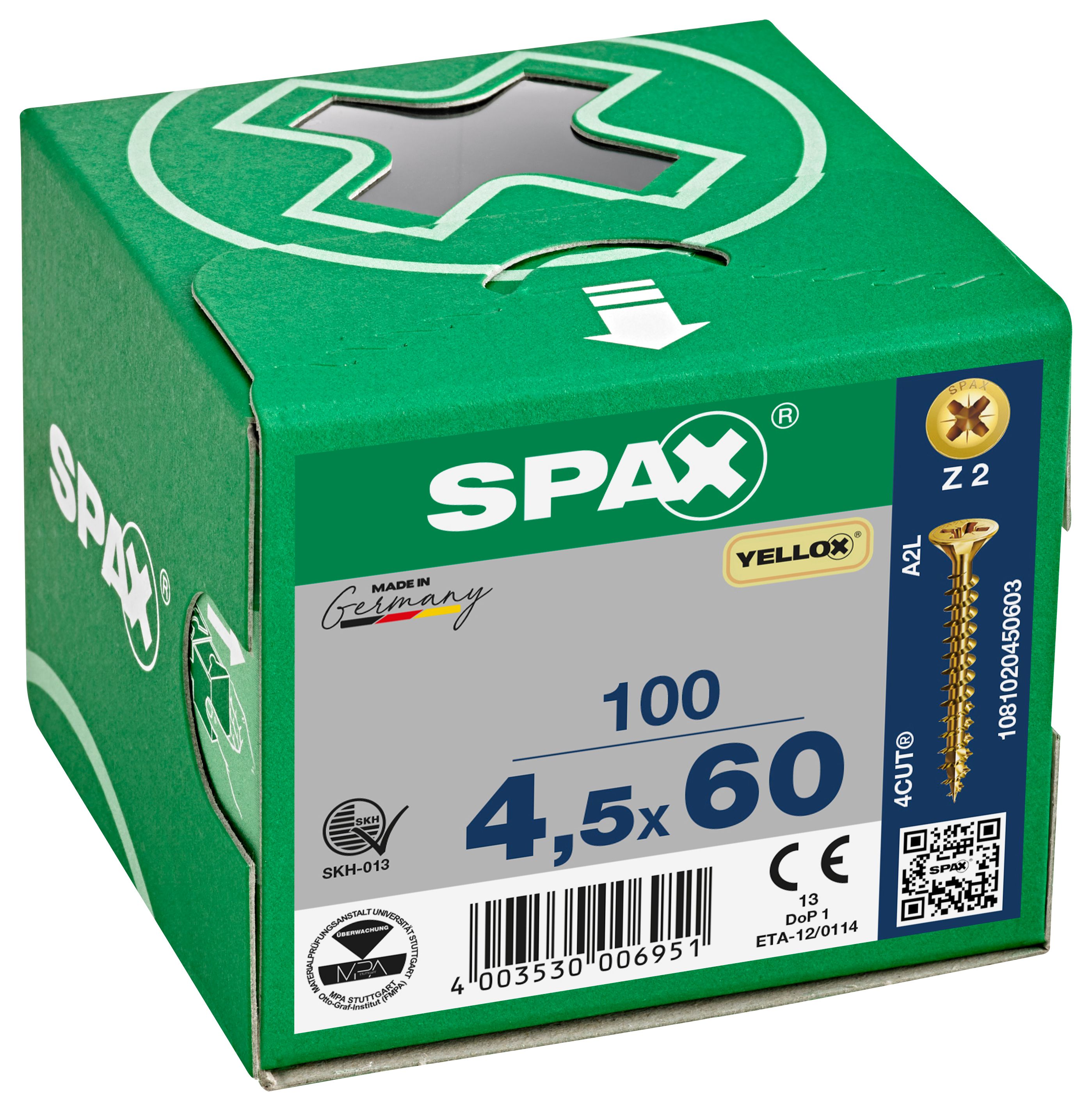 Spax Pz Countersunk Yellox Screws - 4.5x60mm Pack Of 100