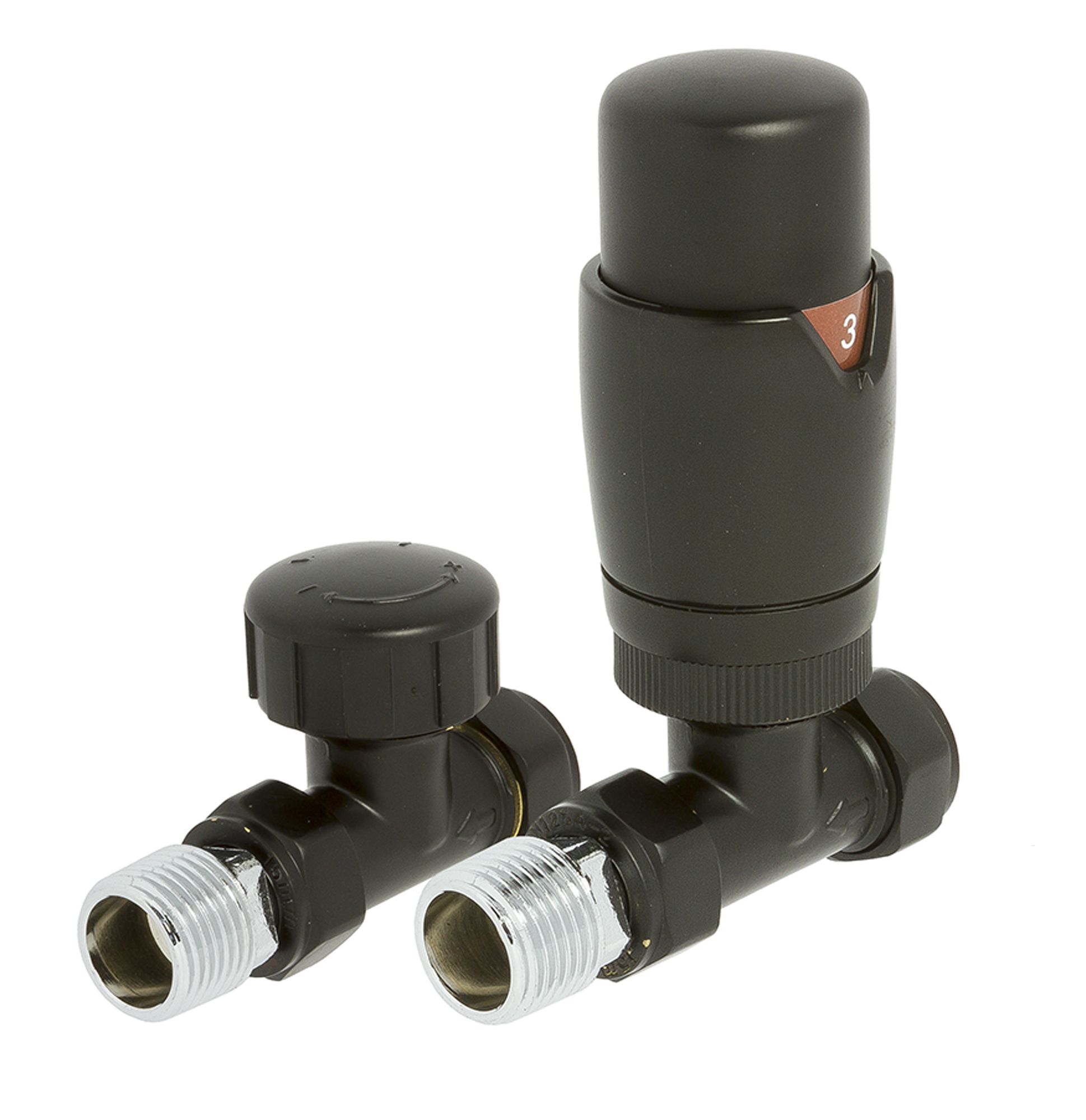 Image of Wickes 105mm x 65mm Round Straight Thermostatic Radiator Valve & Lockshield Valves - Black