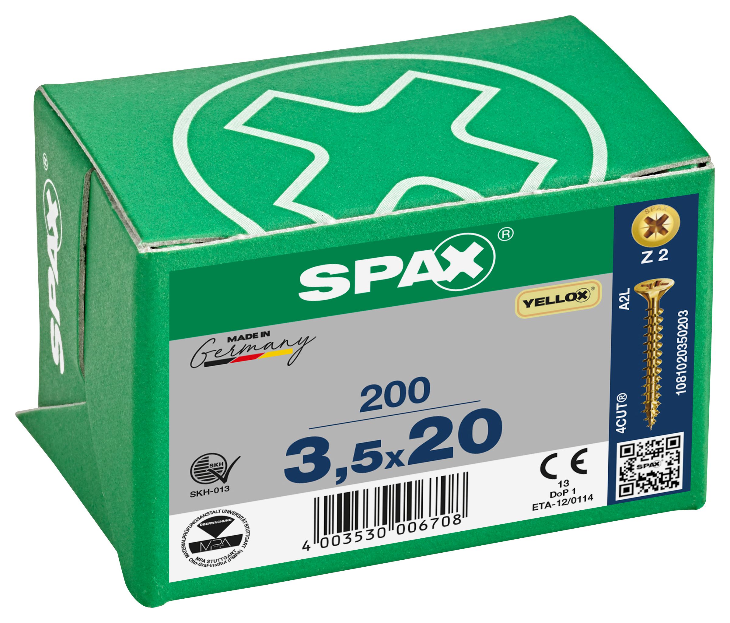 Spax Pz Countersunk Yellox Screws - 3.5x20mm Pack Of 200