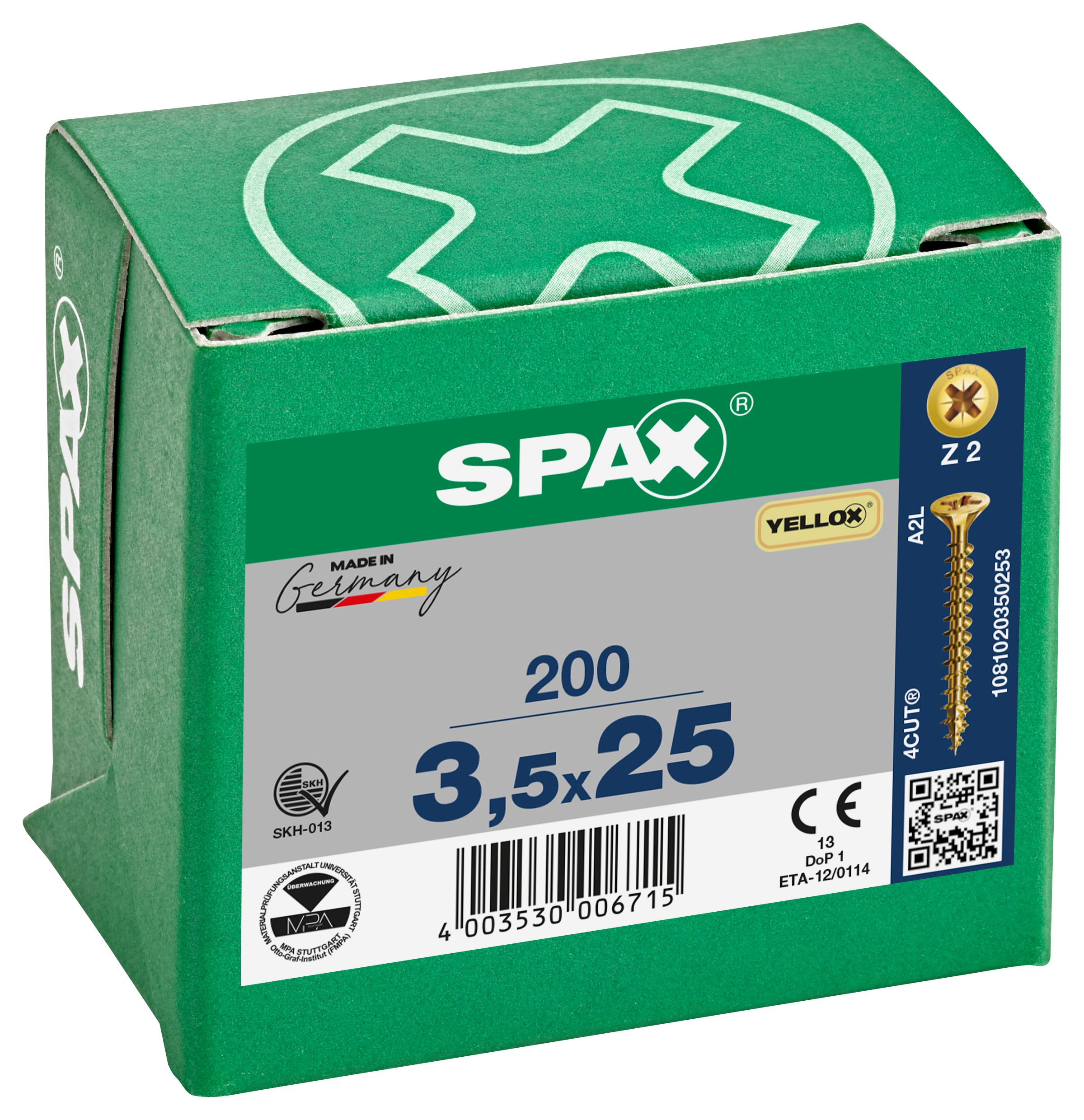 Spax Pz Countersunk Yellox Screws - 3.5x25mm Pack