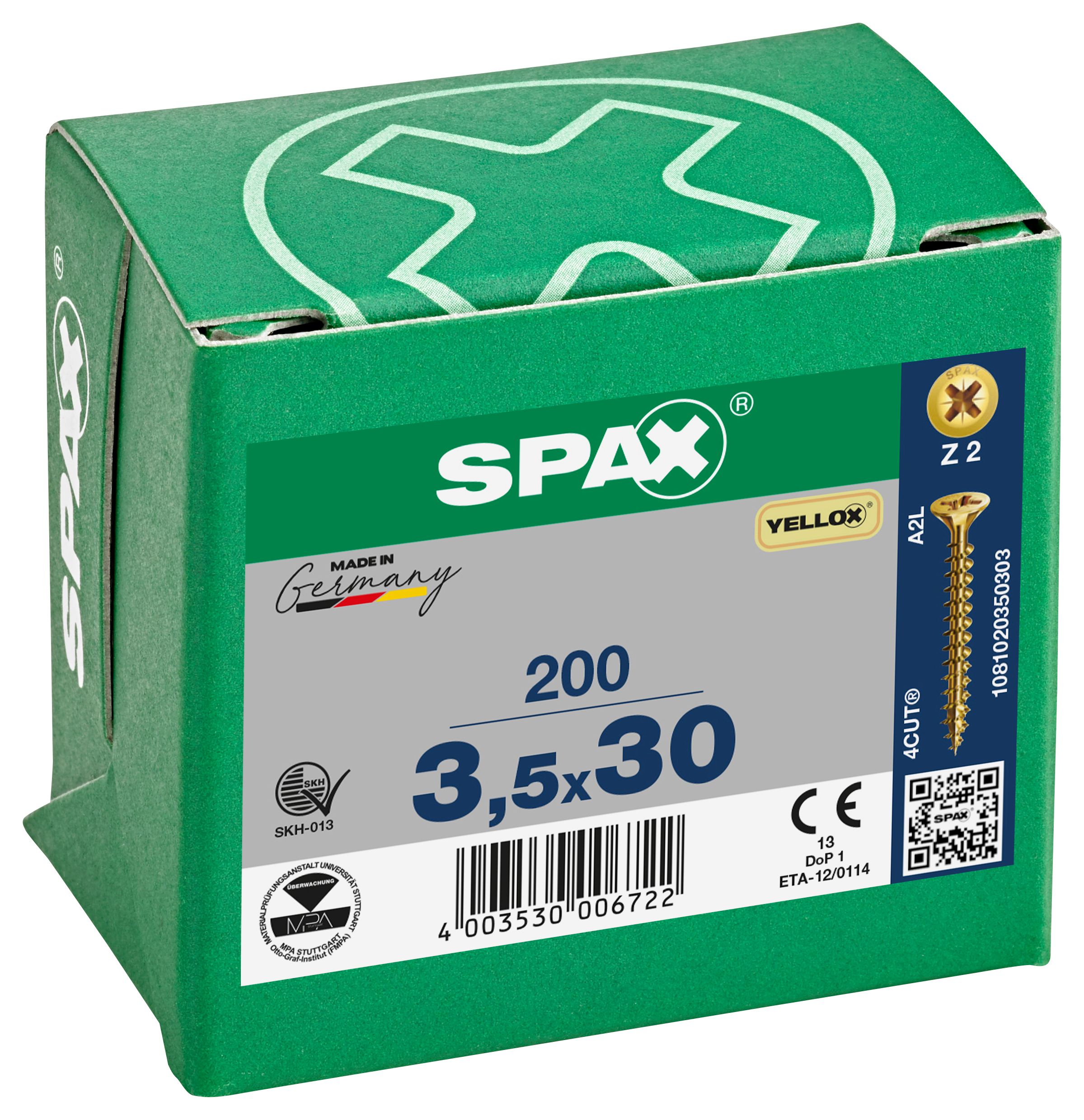 Spax Pz Countersunk Yellox Screws - 3.5x30mm Pack Of 200