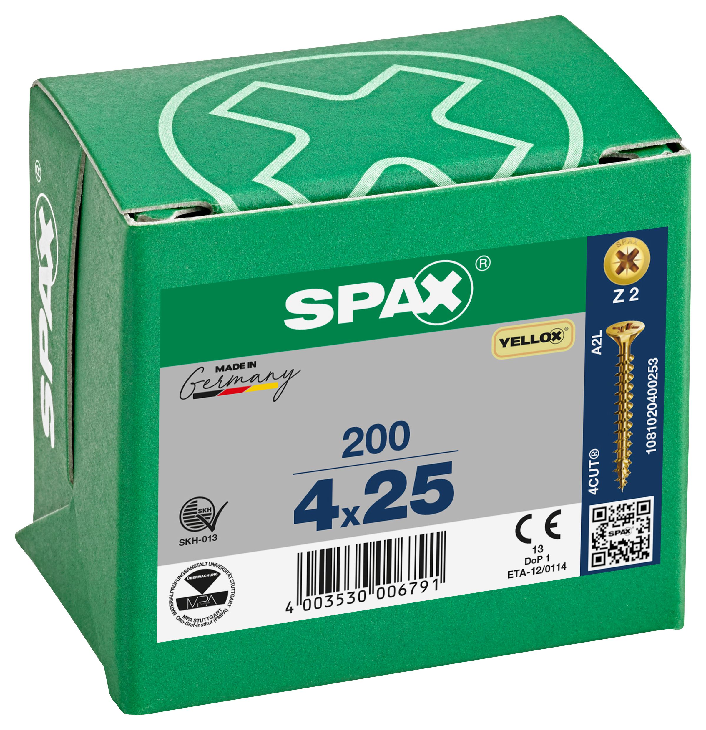 Spax Pz Countersunk Yellox Screws - 4x25mm Pack Of 200