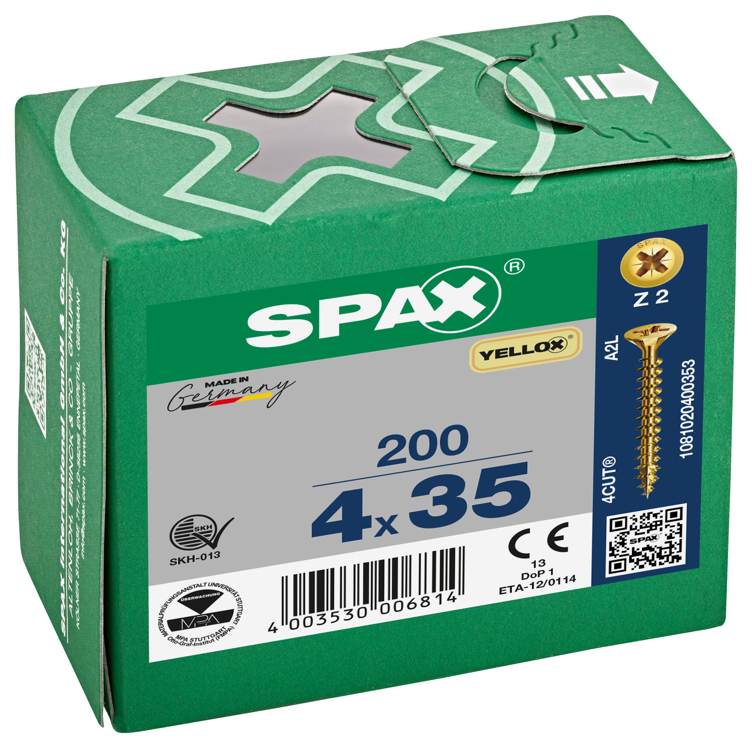 Spax Pz Countersunk Yellox Screws - 4x35mm Pack Of 200