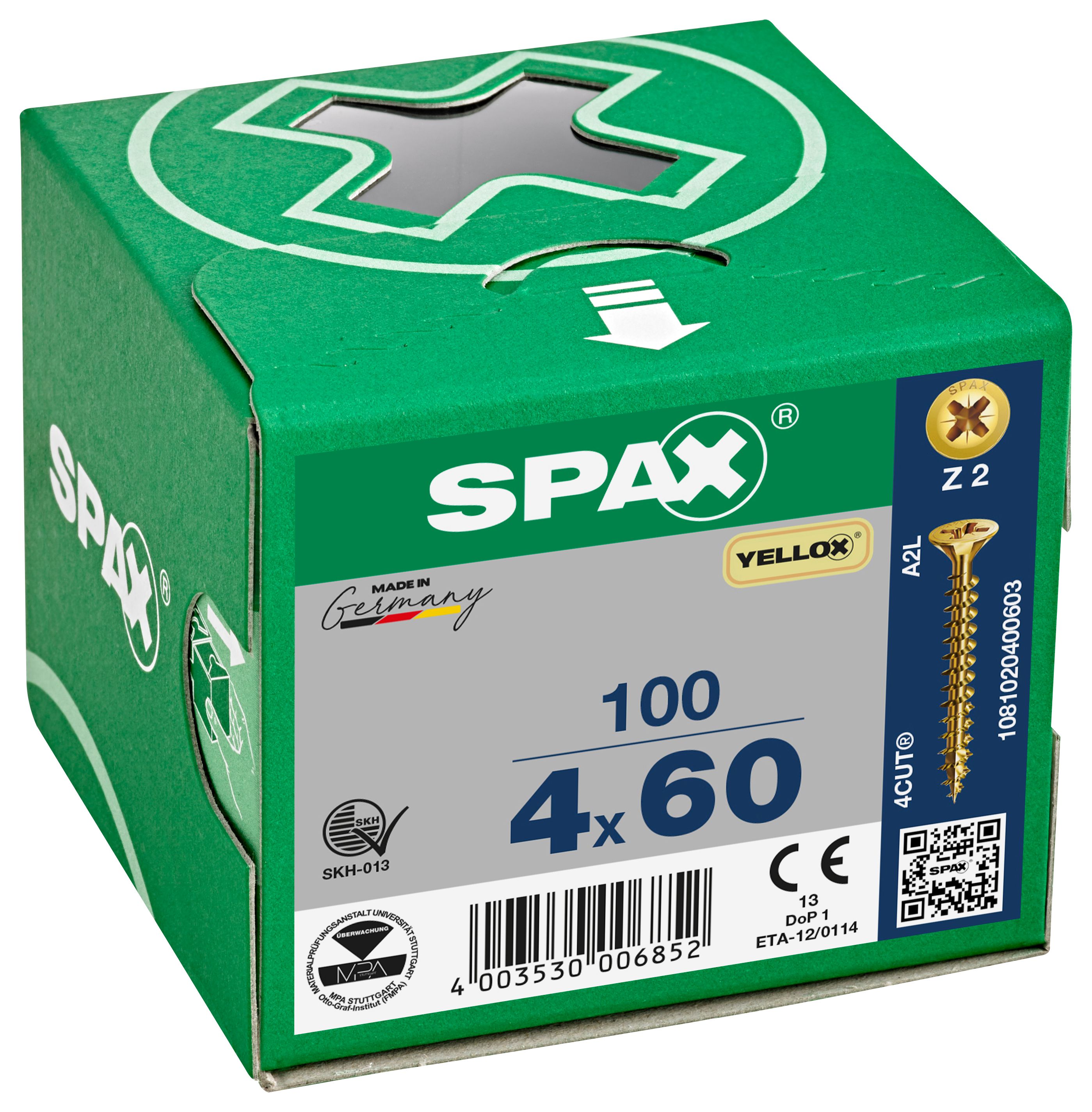 Spax Pz Countersunk Yellox Screws - 4x60mm Pack Of 100