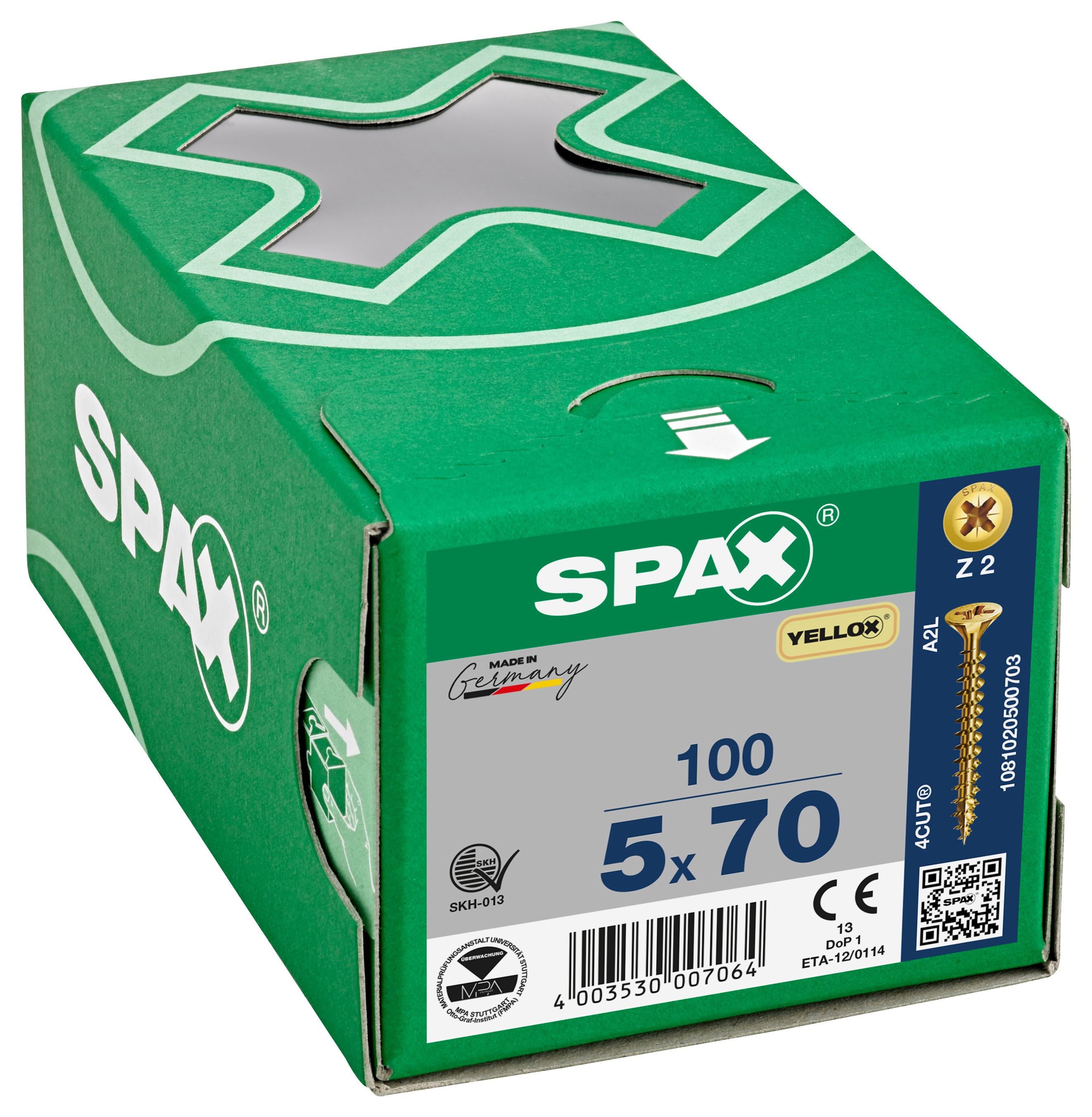 Spax Pz Countersunk Yellox Screws - 5x70mm Pack Of 100