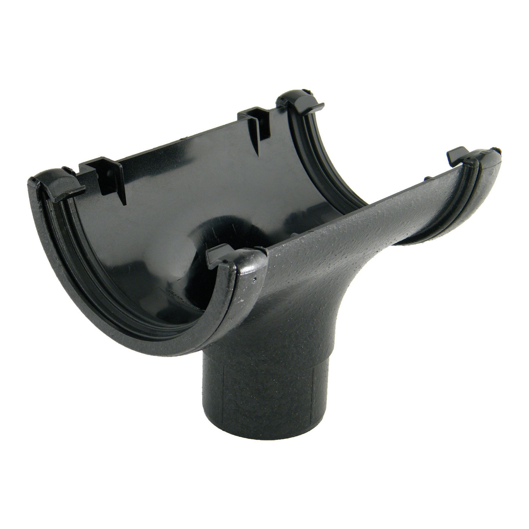 Image of FloPlast 112mm Cast Iron Style Round Line Gutter Running Outlet - Black