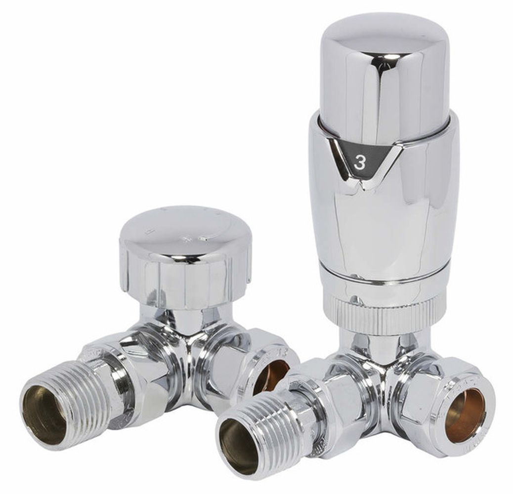 Wickes 105mm x 65mm Round Corner Thermostatic Radiator Valve & Lockshield Valves - Chrome