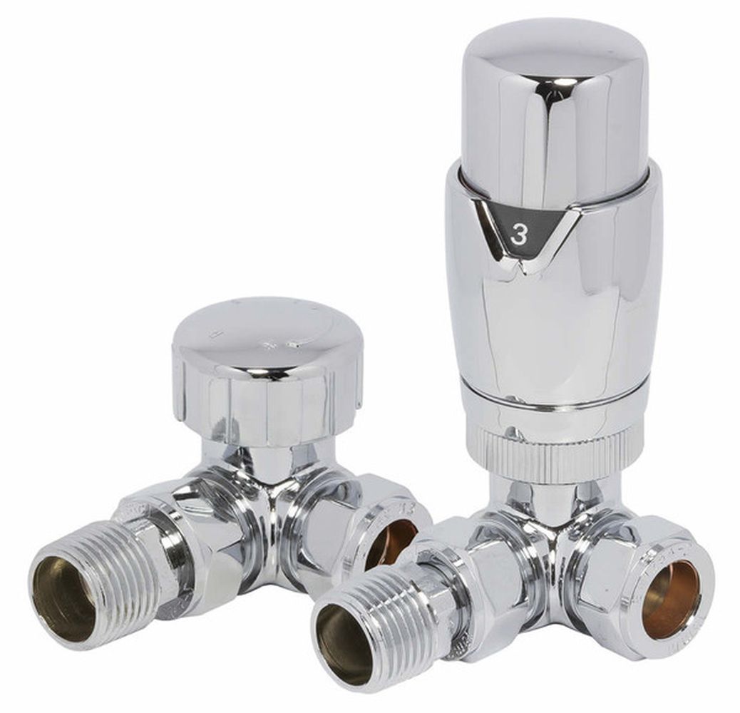 Image of Wickes 105mm x 65mm Round Corner Thermostatic Radiator Valve & Lockshield Valves - Chrome