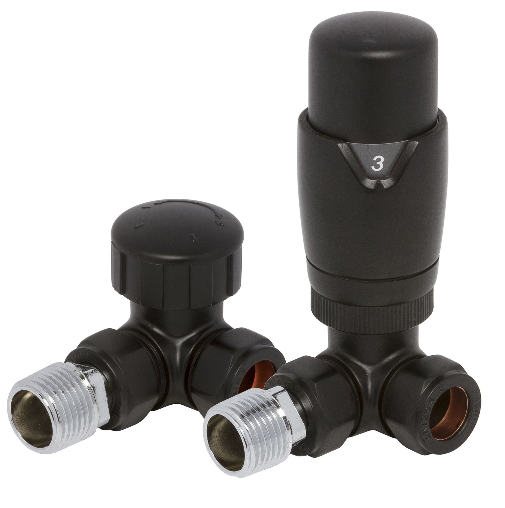 Image of Wickes 105mm x 65mm Round Corner Thermostatic Radiator Valve & Lockshield Valves - Black