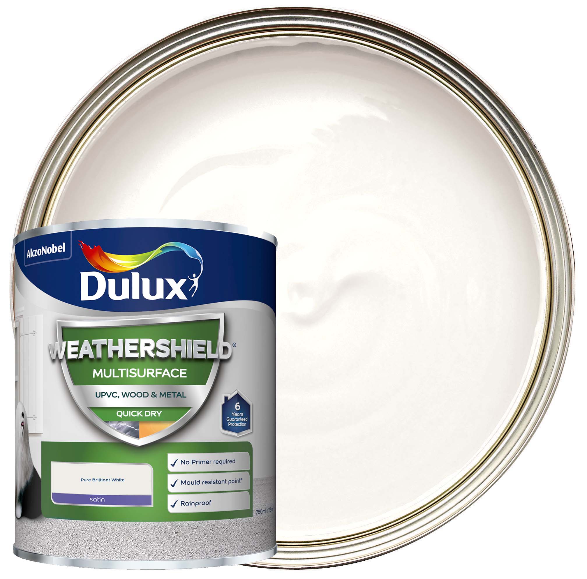 Image of Dulux Weathershield Exterior Multi Surface Quick Dry Satin Paint - Pure Brilliant White - 750ml