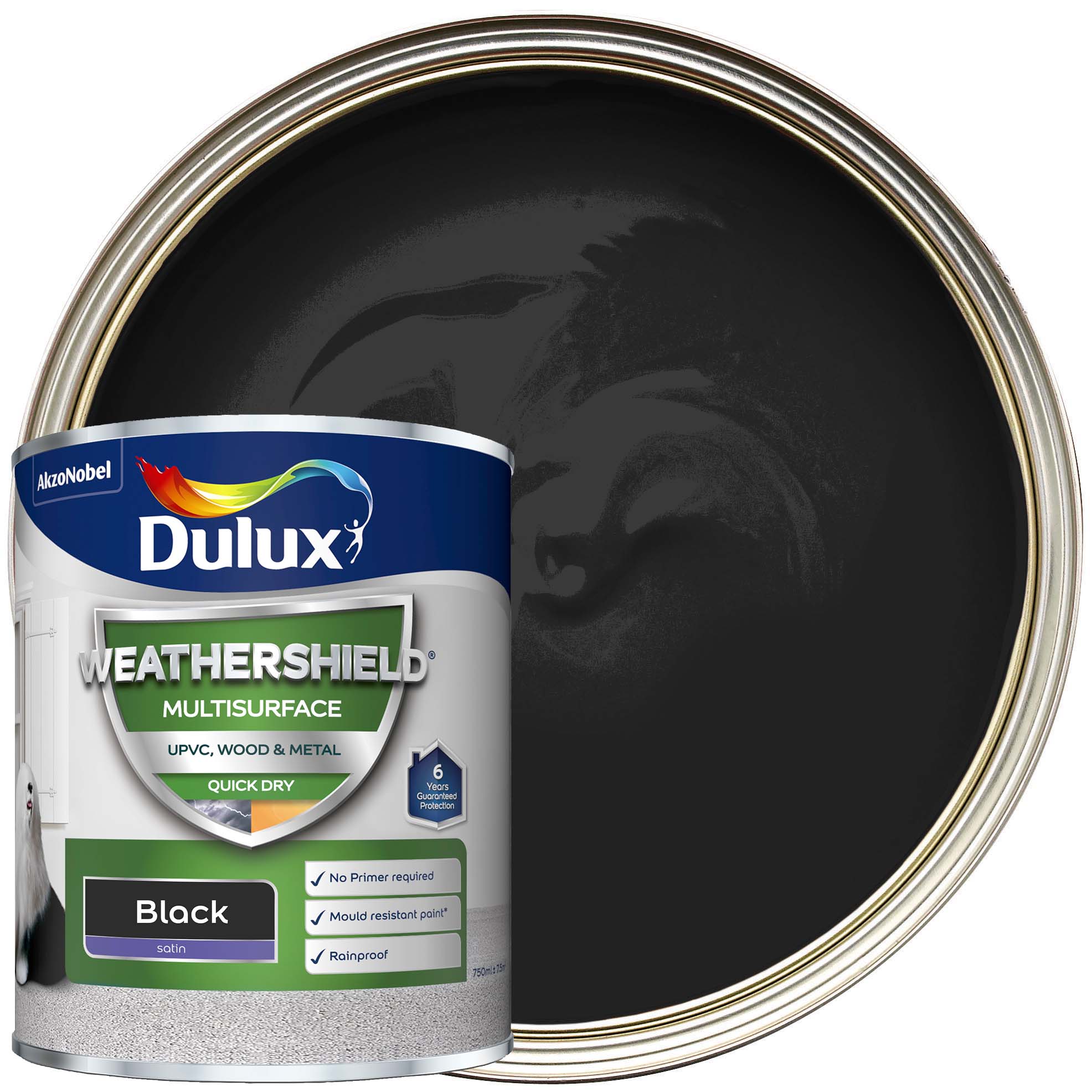 Image of Dulux Weathershield Exterior Multi Surface Quick Dry Satin Paint - Black - 750ml