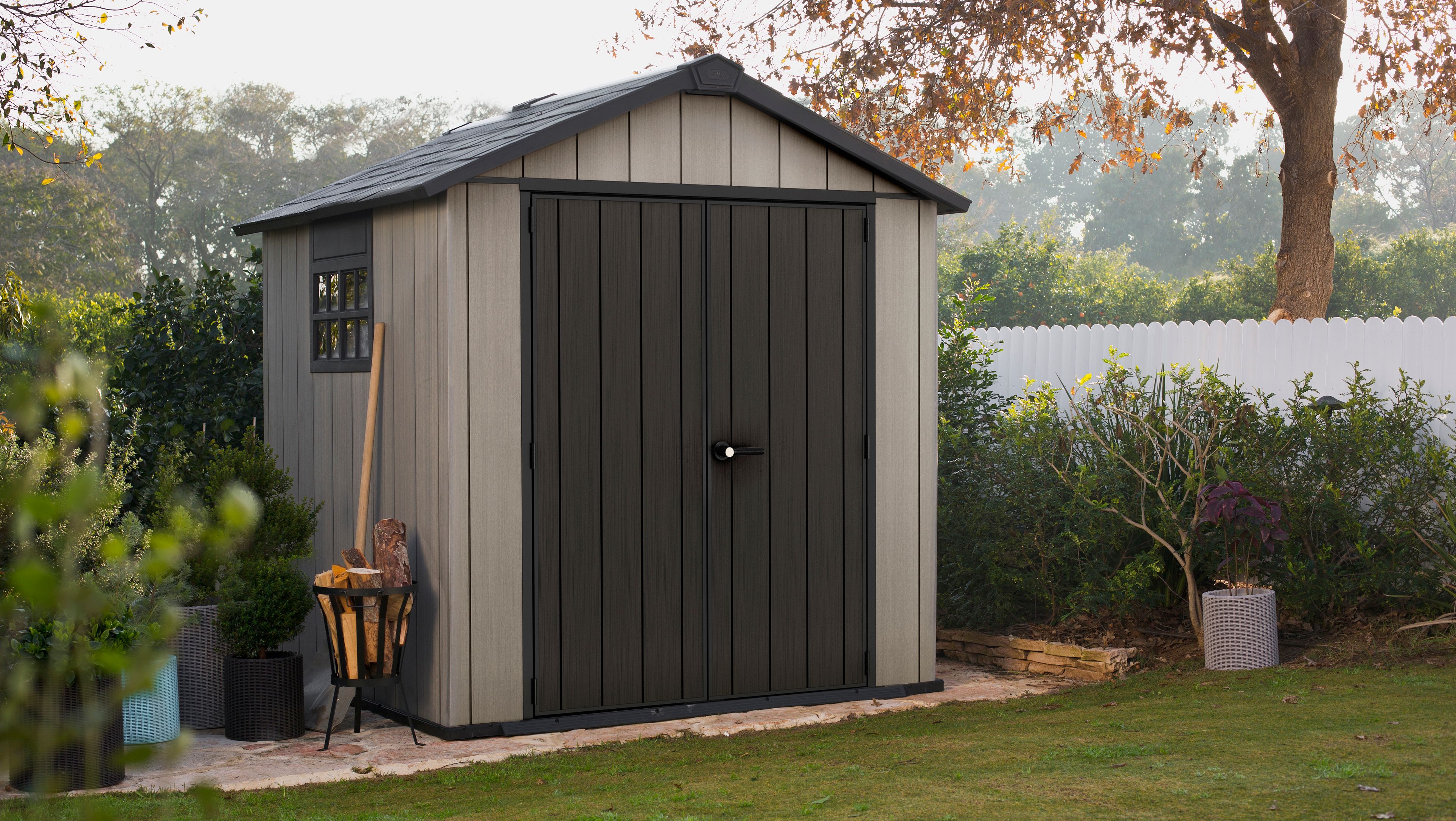 Image of Keter Oakland 7 x 7ft Double Door Outdoor Apex Garden Storage Shed - Grey