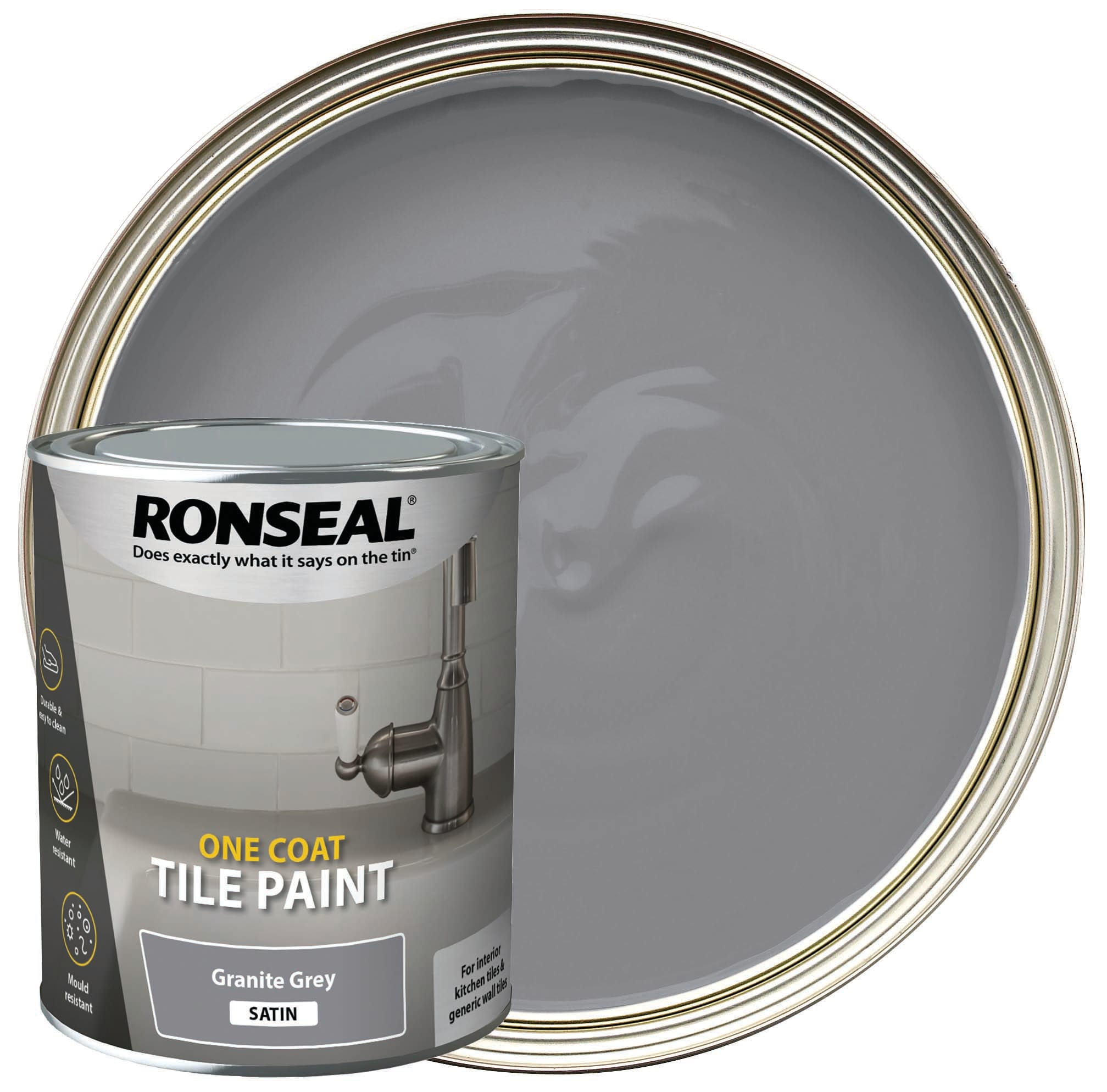 Ronseal One Coat Tile Paint Satin Granite Grey 750ml Wickes.co.uk