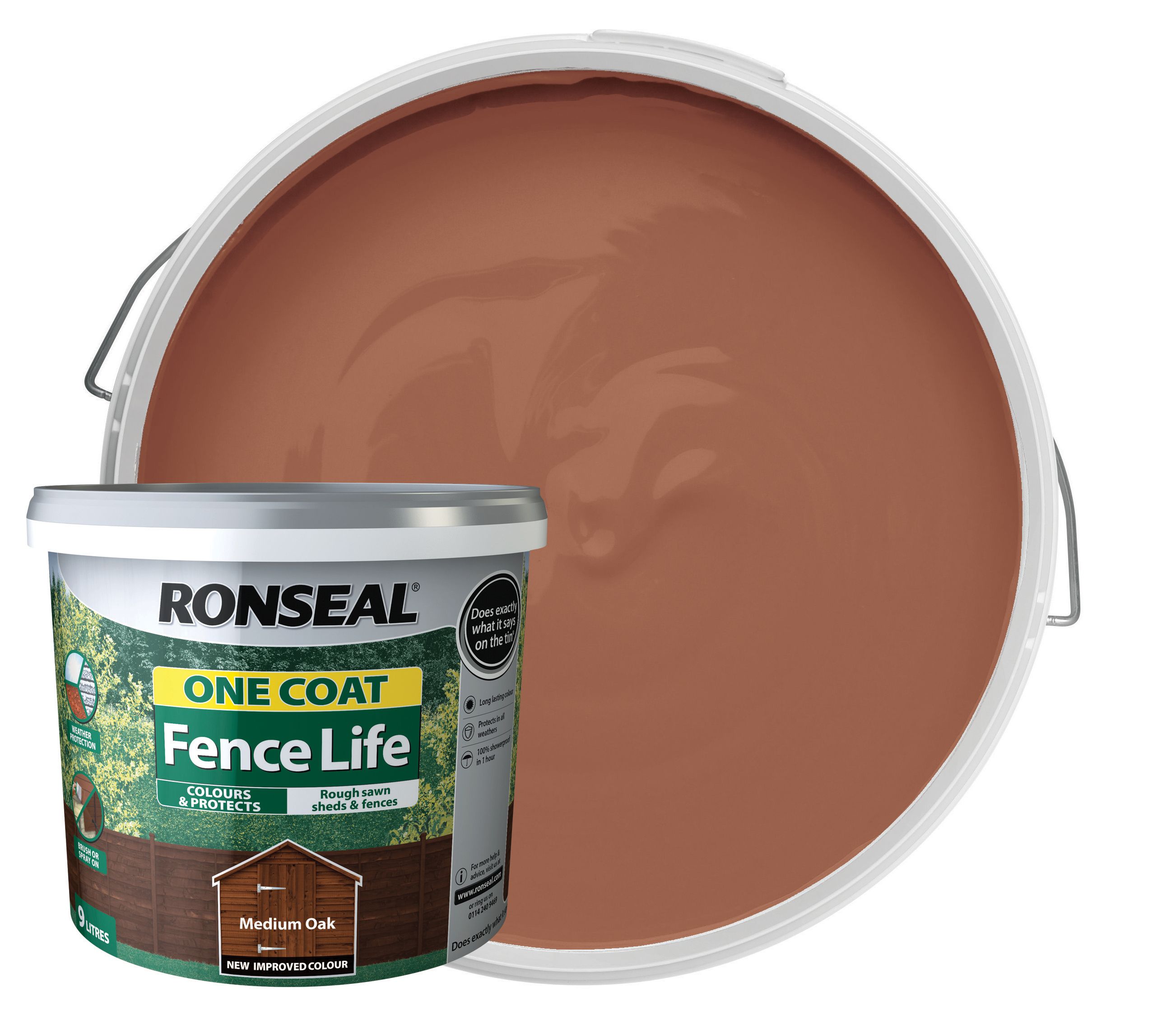 Image of Ronseal One Coat Fence Life Matt Shed & Fence Treatment - Medium Oak 9L
