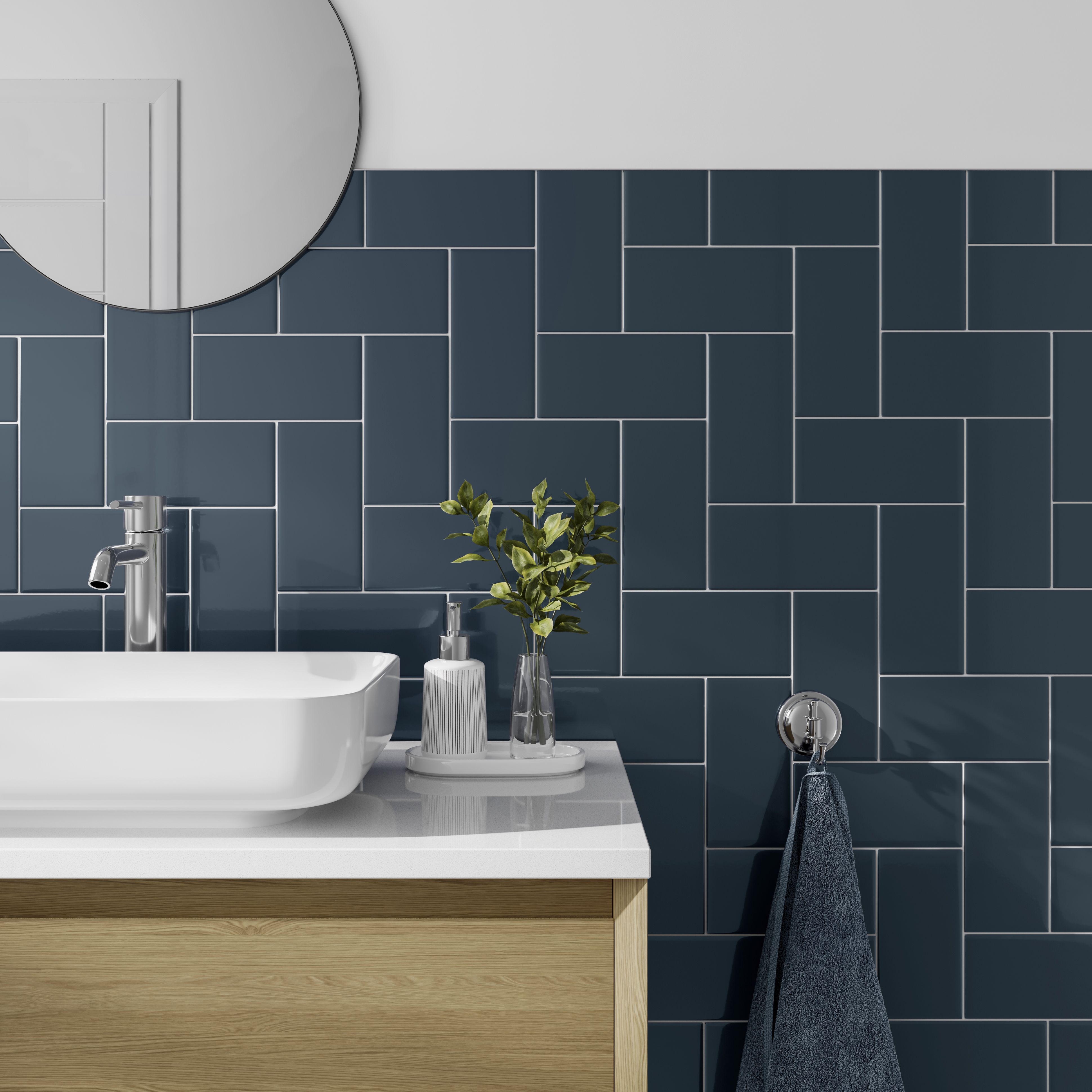 Wickes Cosmopolitan Flat Metro Dark Blue Ceramic Wall Tile - 200 x 100mm