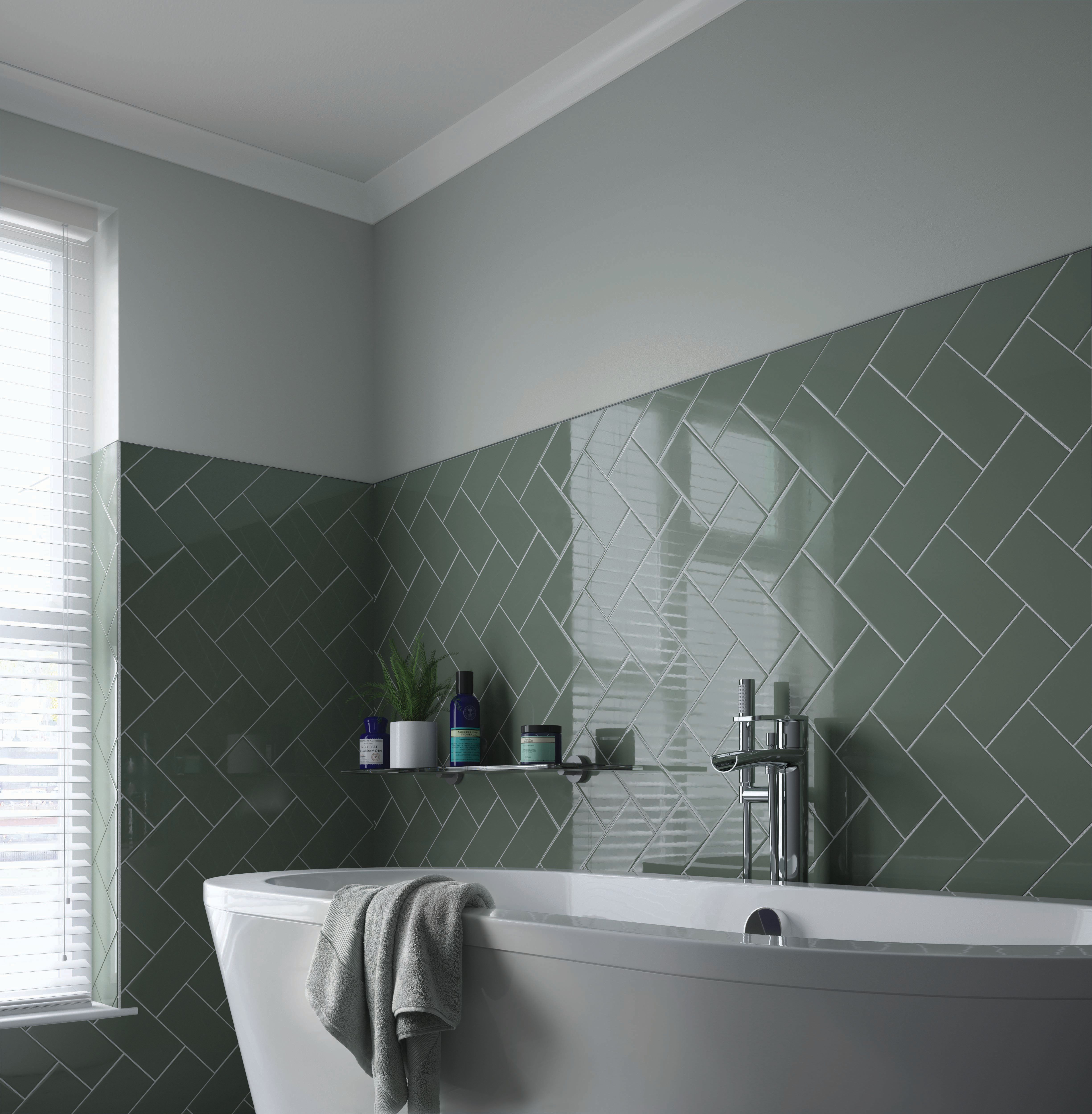 Image of Wickes Cosmopolitan Flat Metro Sage Ceramic Wall Tile - 200 x 100mm