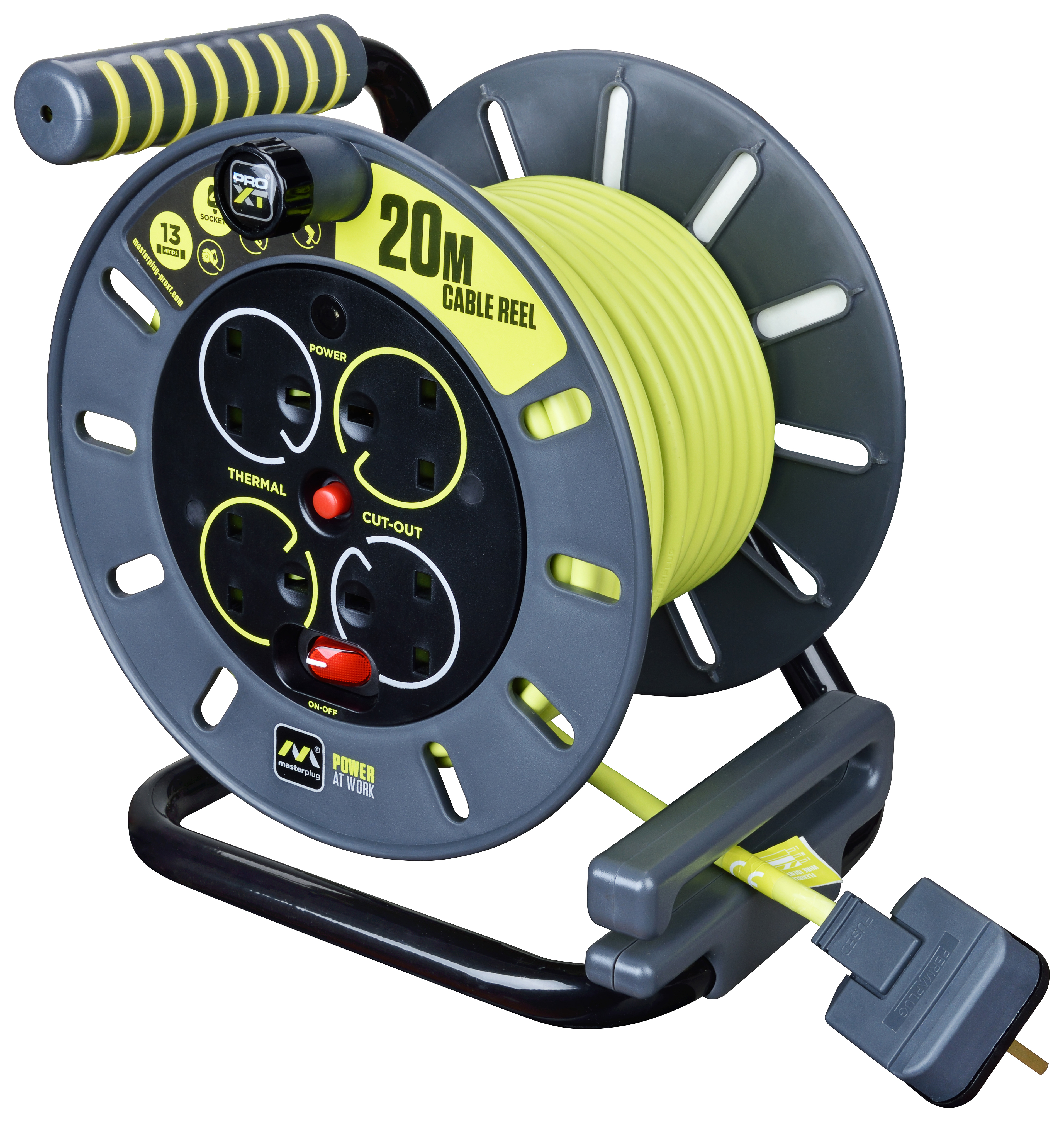 Masterplug 13A Pro-XT 4 Socket Open Reel High Visibility Cable - 20m