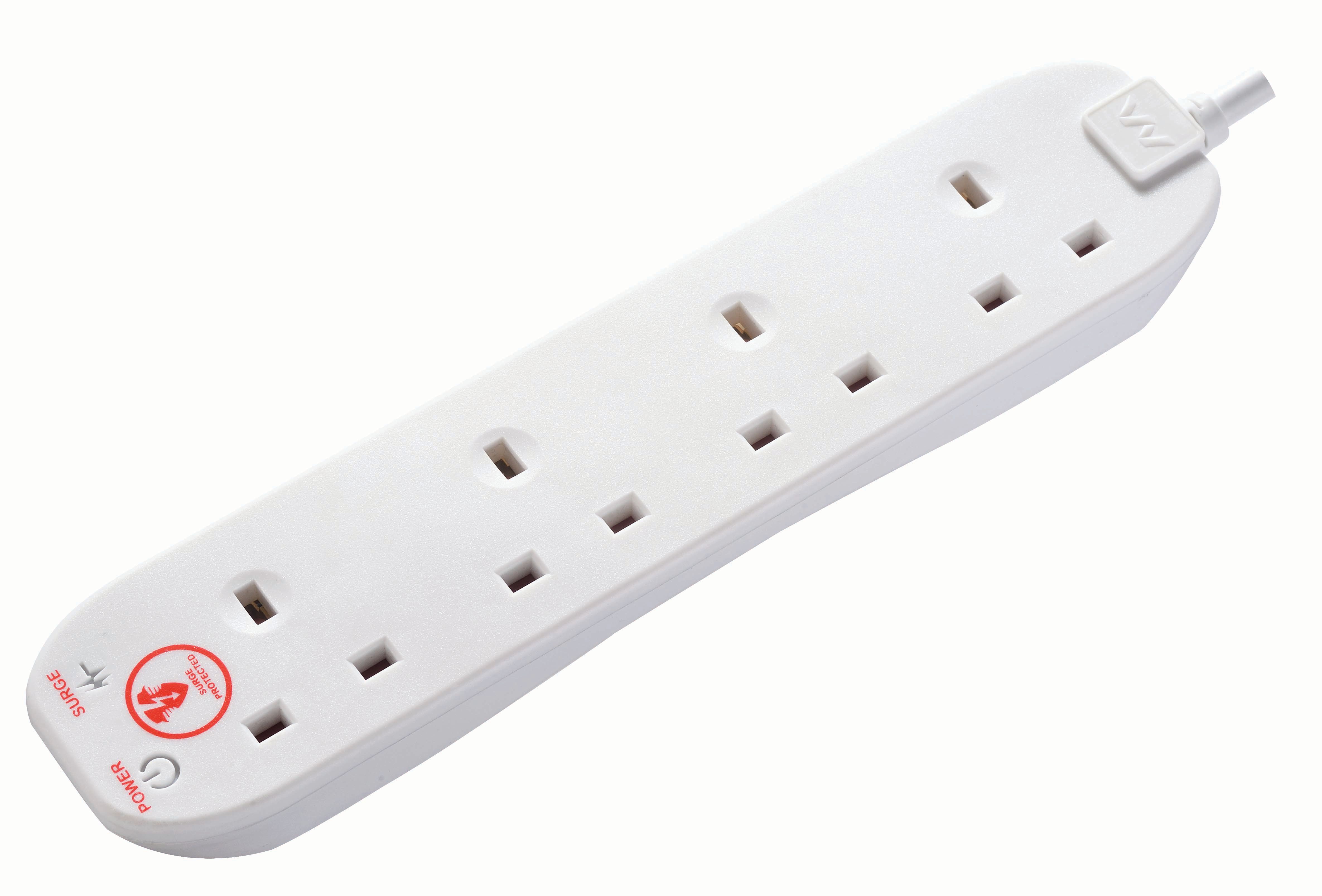Masterplug 4 Socket Extension Lead With Surge Protection - White 2m Pack of 2 13A