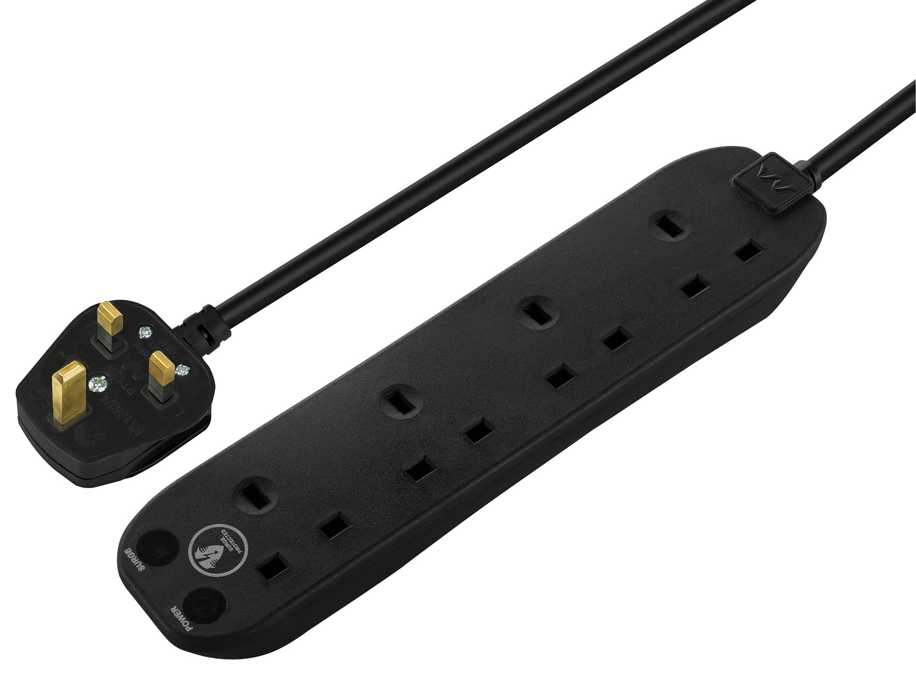 Masterplug 13A 4 Socket Black Extension Lead with Surge Protection - 2m