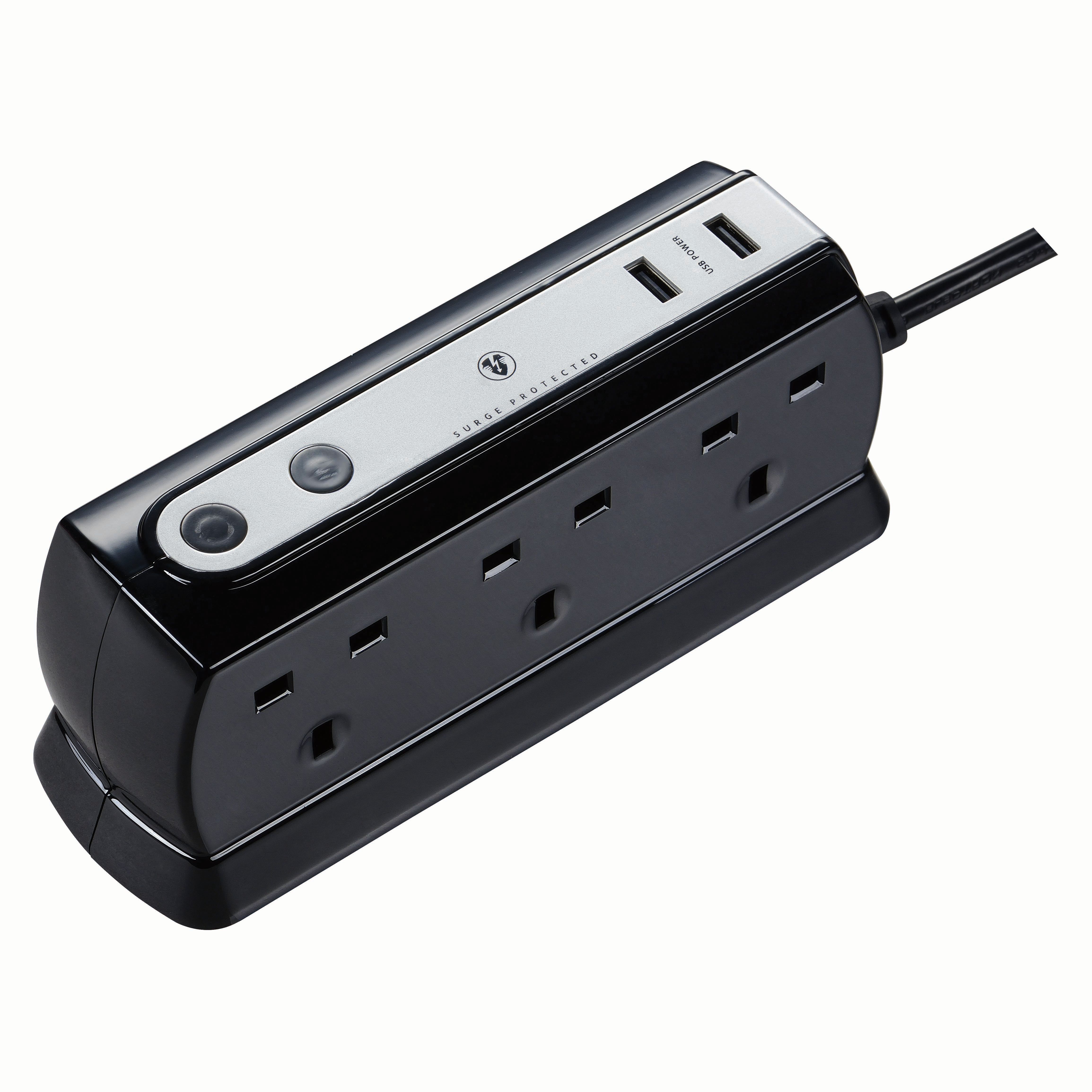 Masterplug 13A 6 Socket Back to Back Black Extension Lead with USB - 1m